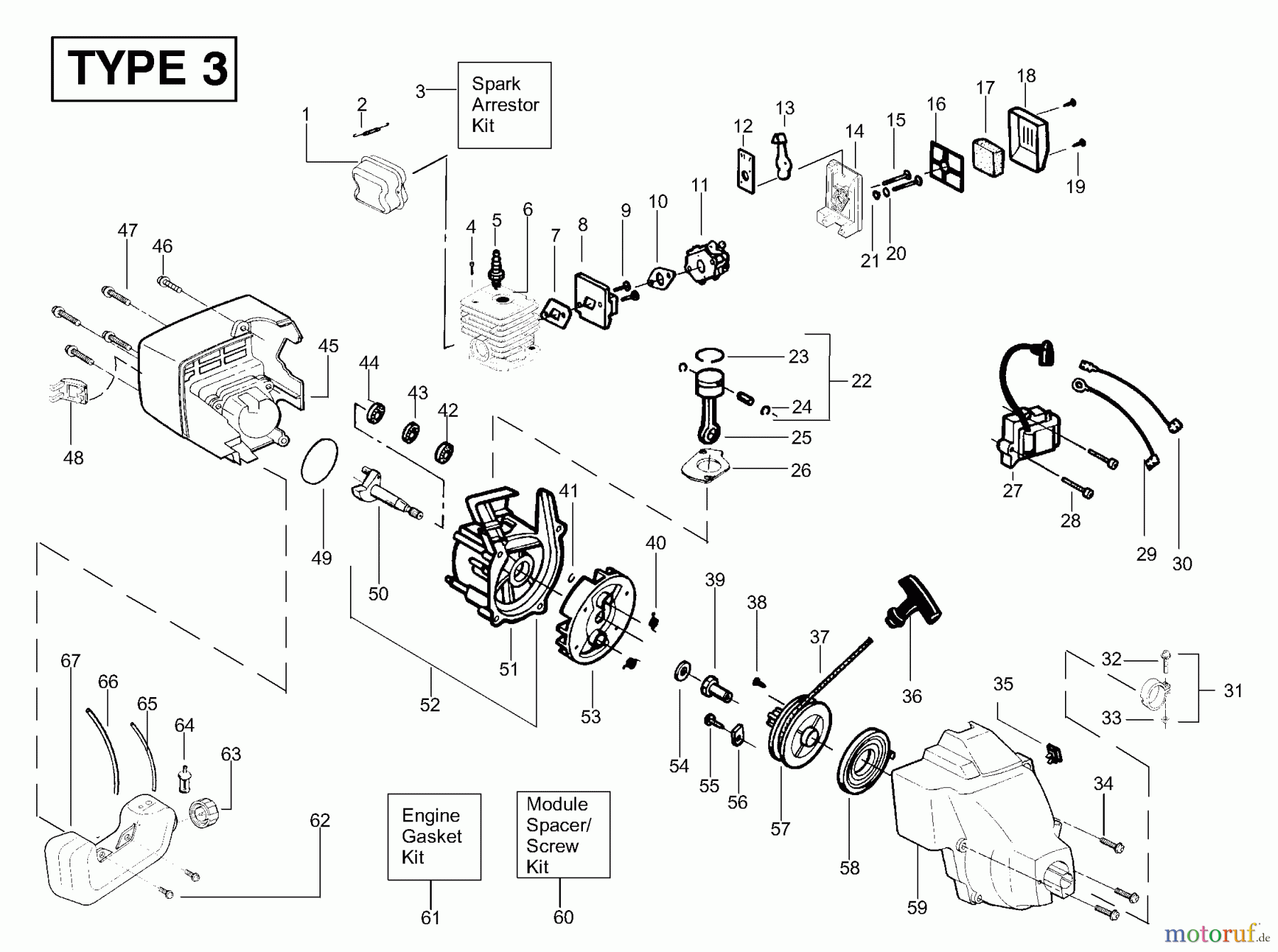 Poulan / Weed Eater Motorsensen, Trimmer XT200 (Type 3) - Weed Eater String Trimmer Engine Assembly Type 3
