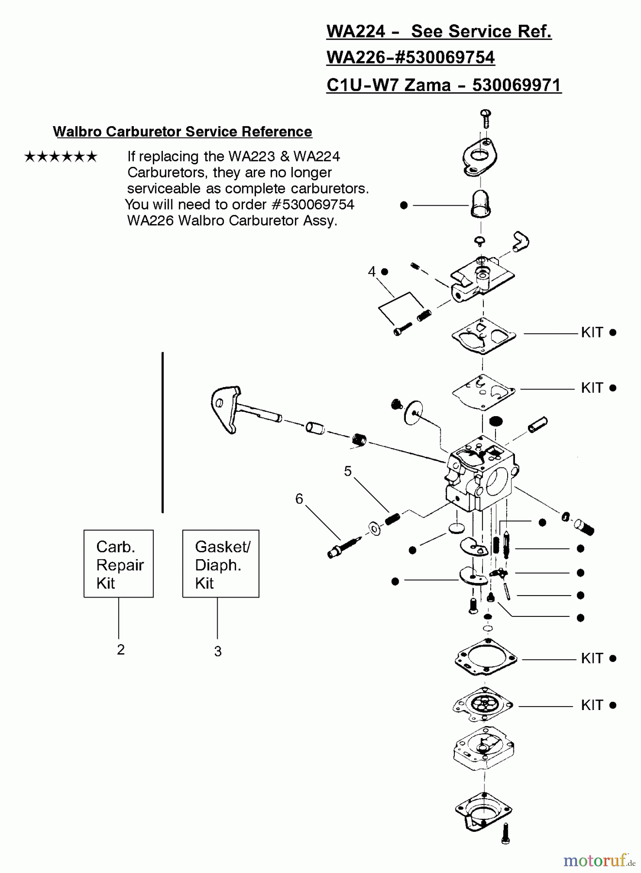 Poulan / Weed Eater Motorsensen, Trimmer XT25 - Weed Eater String Trimmer Carburetor Assembly (WA224), (WA226) P/N 530069754, (Zama C1U-W7) P/N 530069971