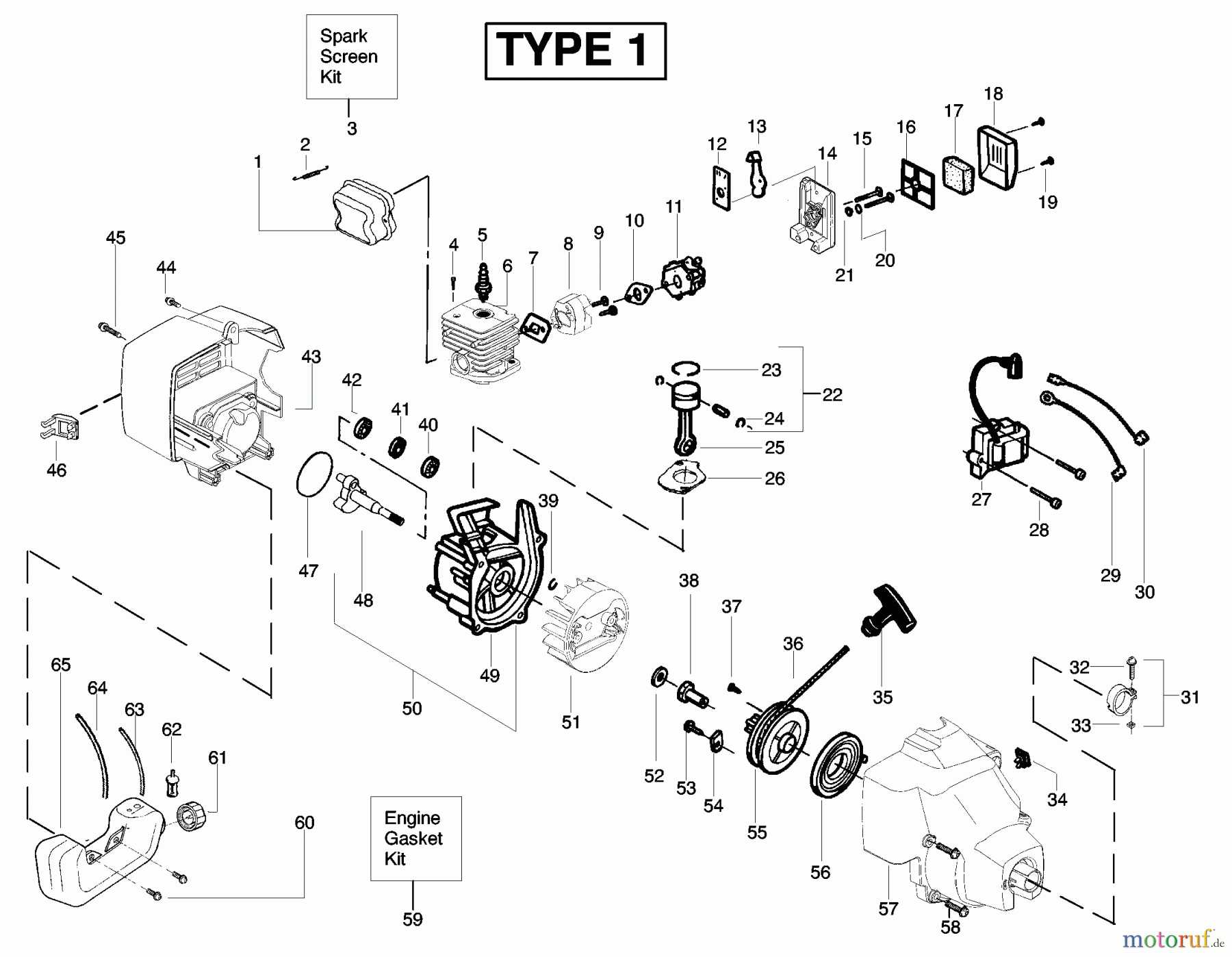 Poulan / Weed Eater Motorsensen, Trimmer XT250 (Type 1) - Weed Eater String Trimmer Engine Assembly Type 1