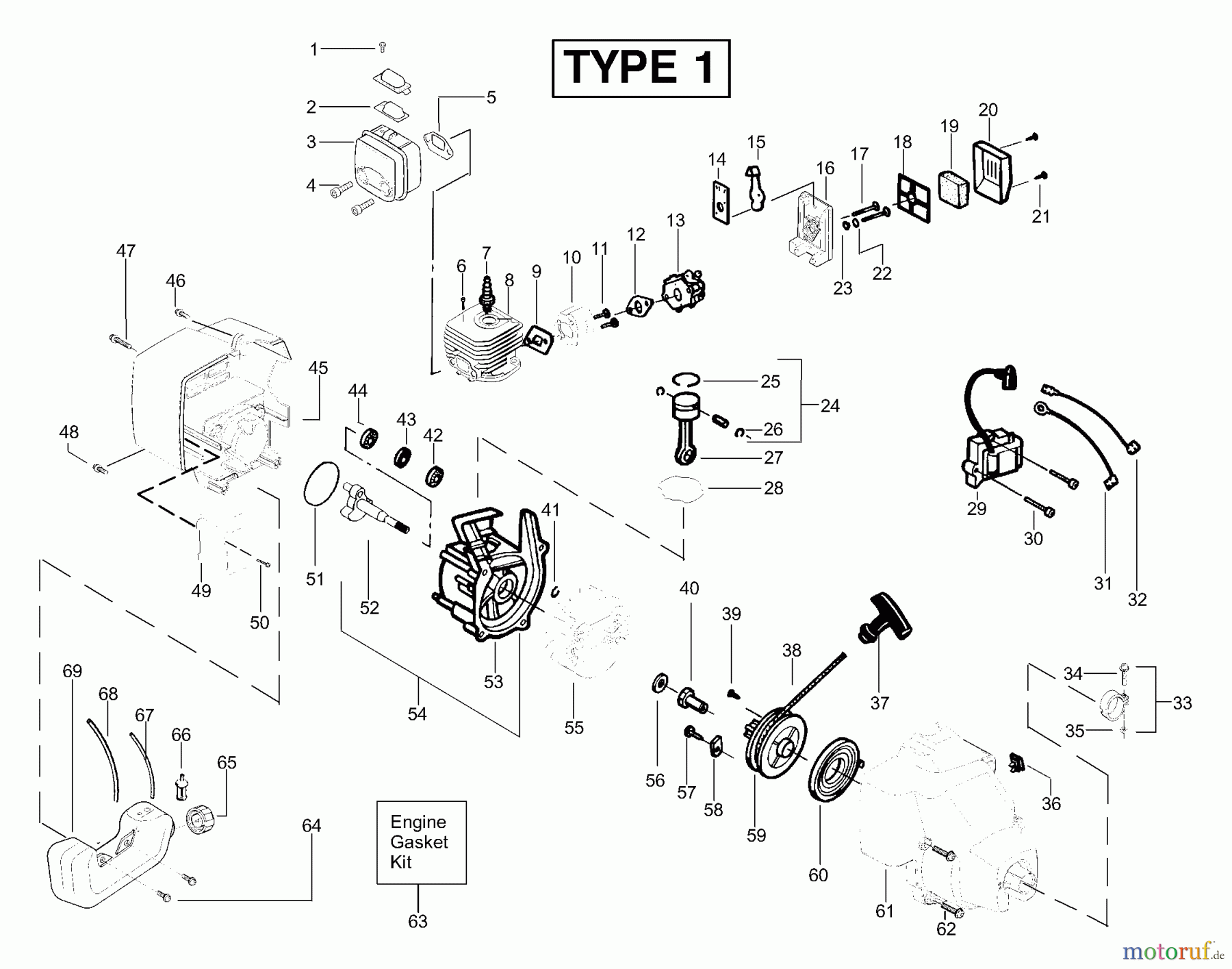 Poulan / Weed Eater Motorsensen, Trimmer XT250LE (Type 1) - Weed Eater String Trimmer Engine Assembly Type 1