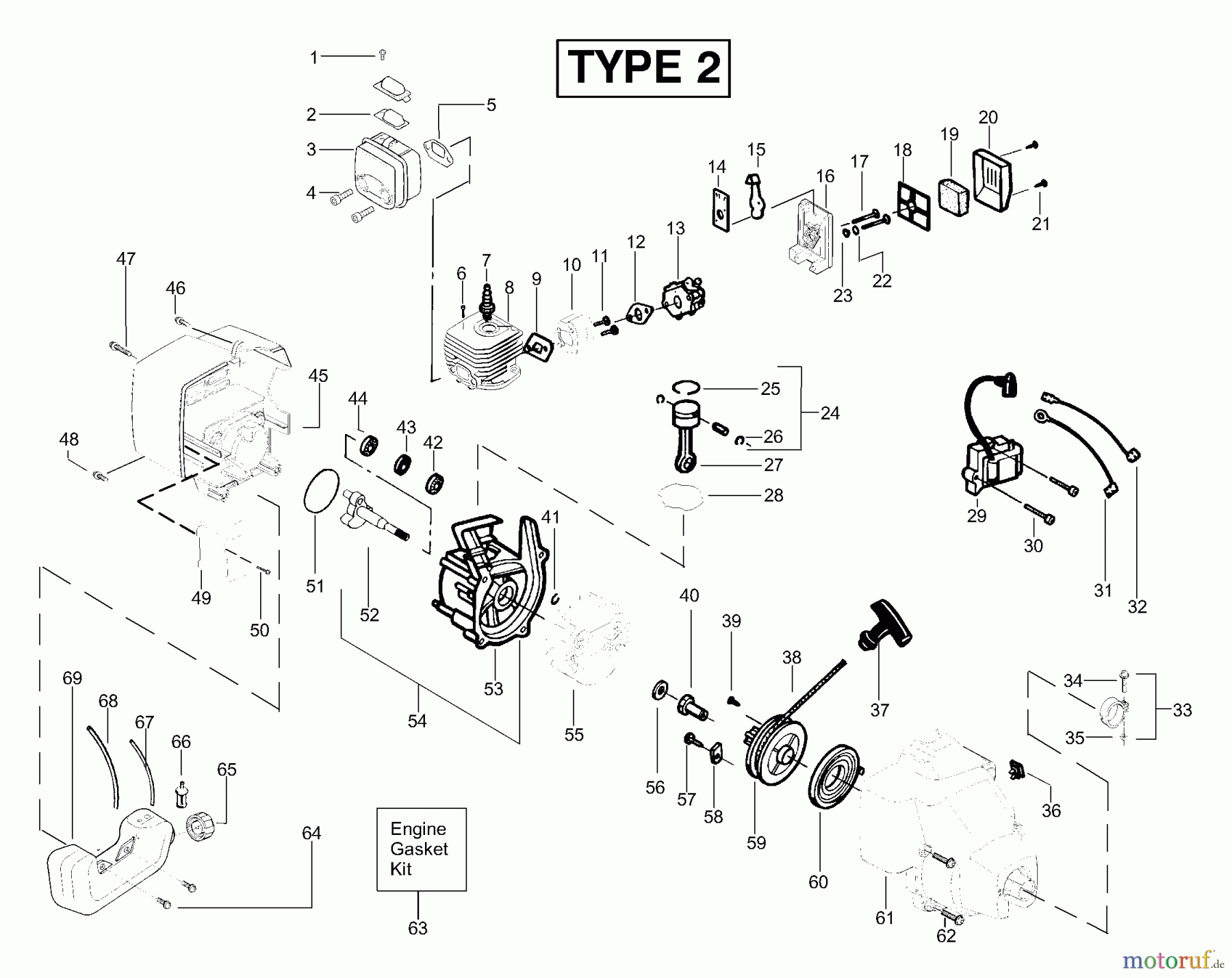 Poulan / Weed Eater Motorsensen, Trimmer XT250LE (Type 2) - Weed Eater String Trimmer Engine Assembly Type 2