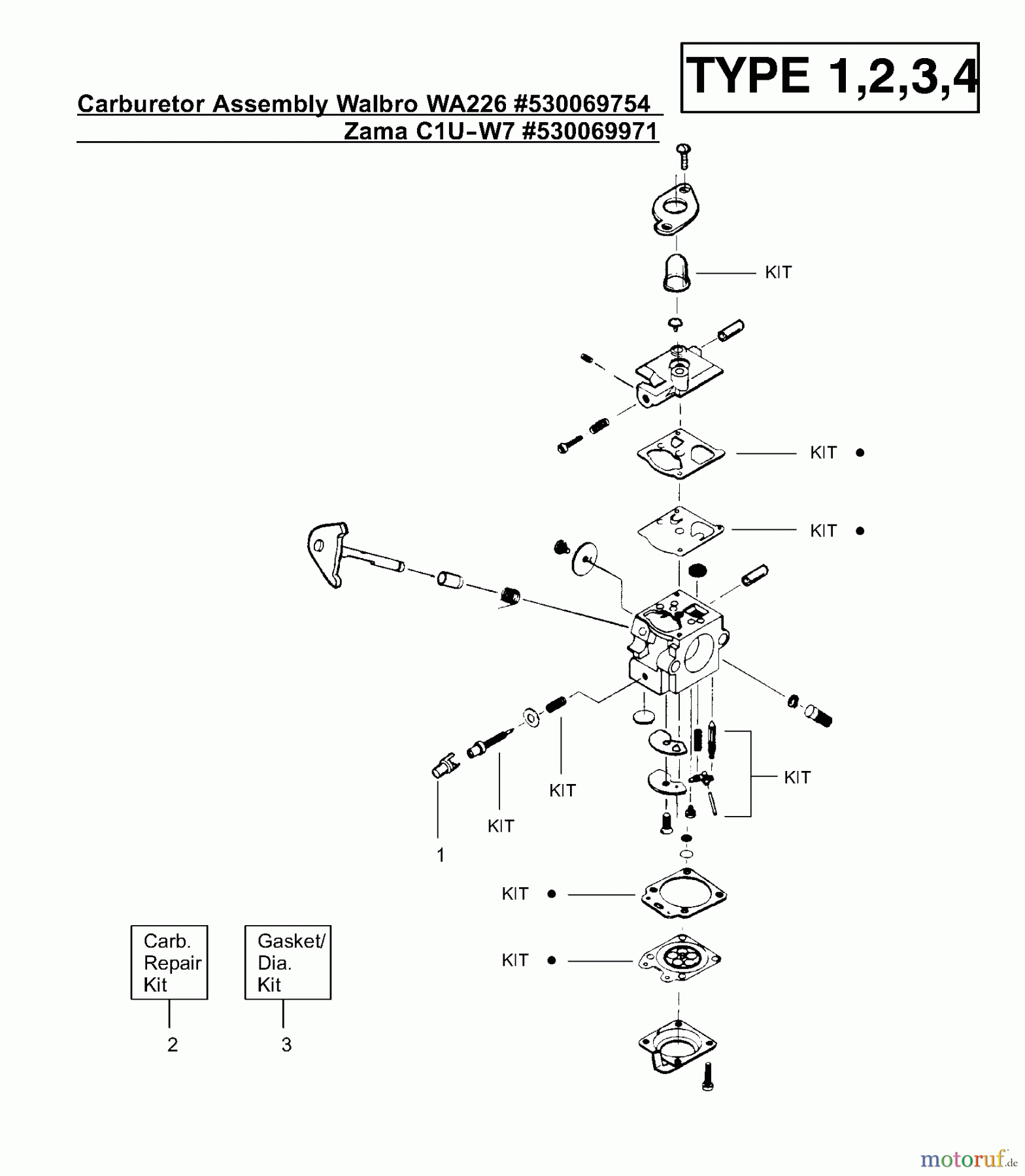 Poulan / Weed Eater Motorsensen, Trimmer XT400 (Type 4) - Weed Eater String Trimmer Carburetor Assembly (Walbro WA226) P/N 530069754, (Zama C1U-W7) P/N 530069971