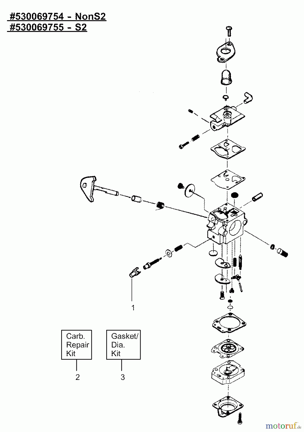Poulan / Weed Eater Motorsensen, Trimmer XT35 - Weed Eater String Trimmer Carburetor Assembly - P/N 530069754 (NonS2) P/N 530069755 (S2)