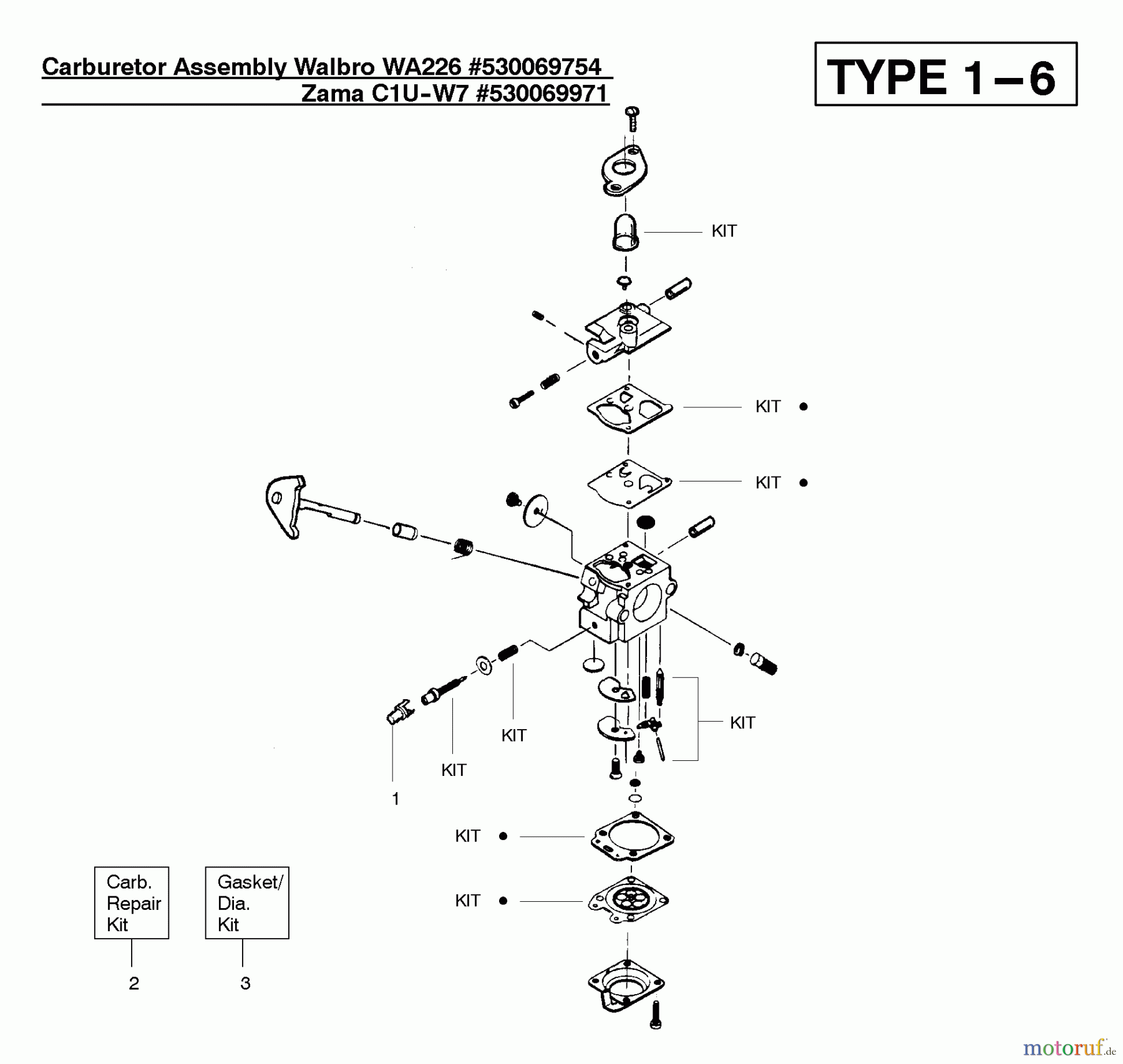 Poulan / Weed Eater Motorsensen, Trimmer XT600 (Type 3) - Weed Eater String Trimmer Carburetor Assembly (WT226) 530069754, (Zama C1U-W7) 530069971