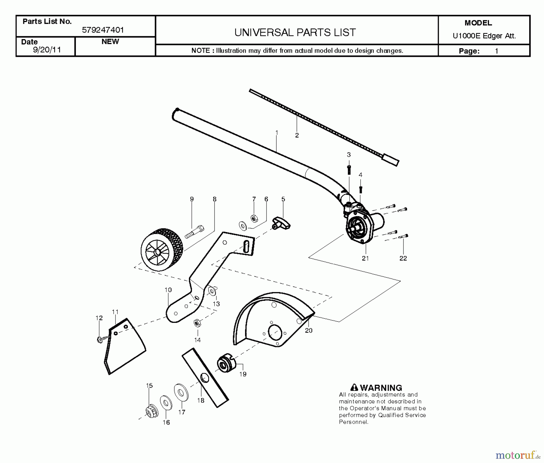  Poulan / Weed Eater Zubehör U1000E (579247401) - Poulan Pro Edger Attachment (2011-09) ATTACHMENTS