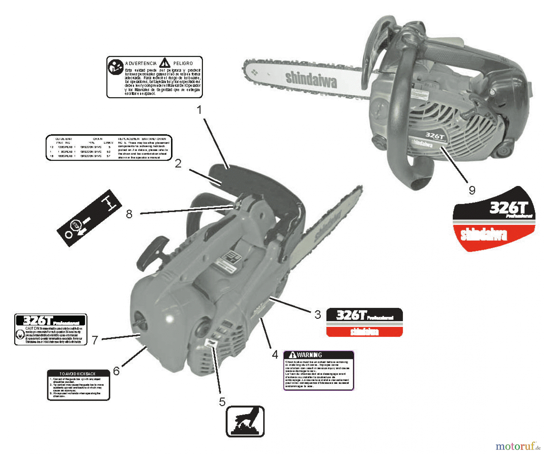  Shindaiwa Sägen, Motorsägen 326T - Shindaiwa Chainsaw California Model Labels