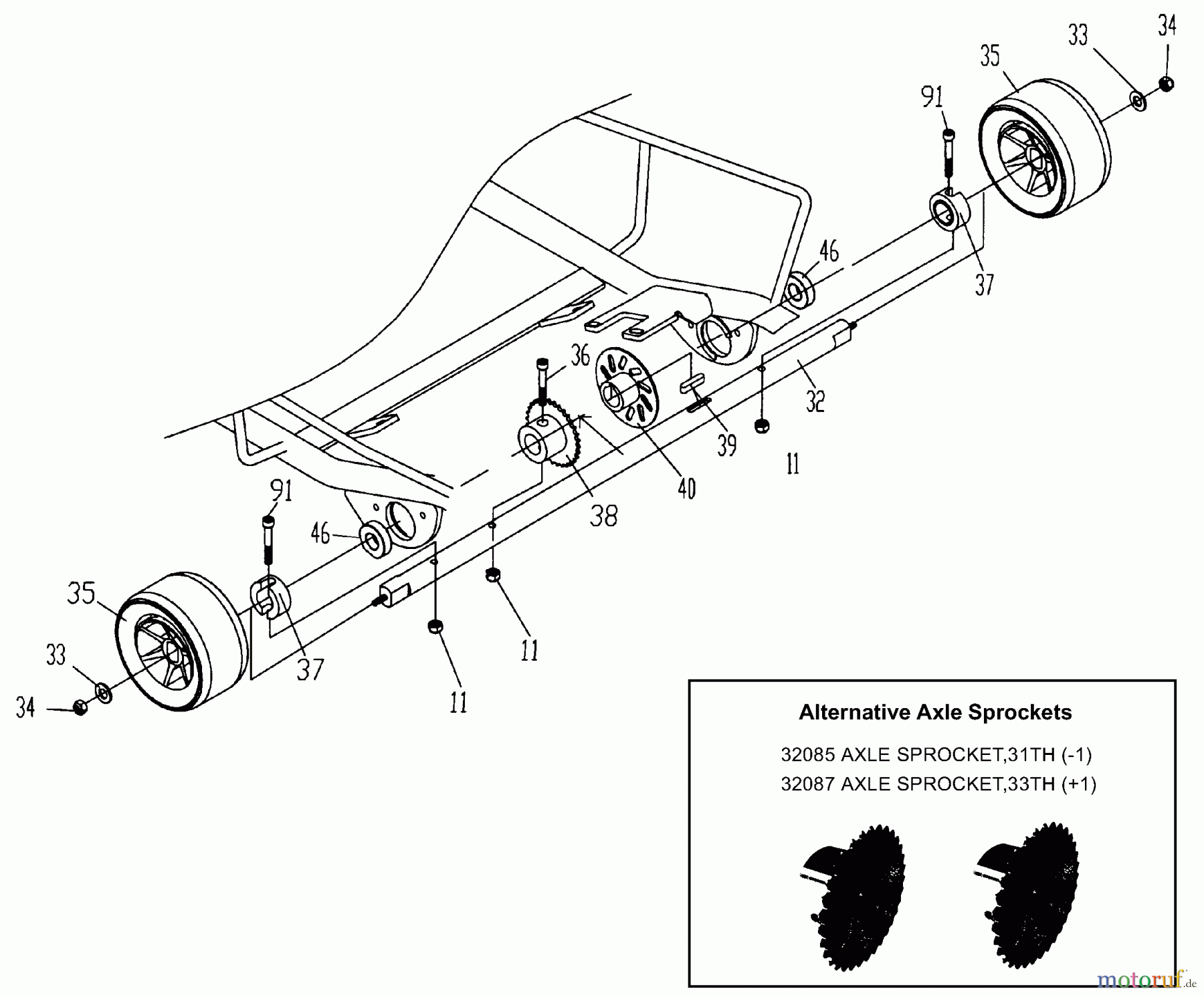 Tanaka Sonstiges TPK-400GS - Tanaka 40cc Paveracer Kart Rear Axle, Rear Wheels, Brake Rotor & Axle Sprocket