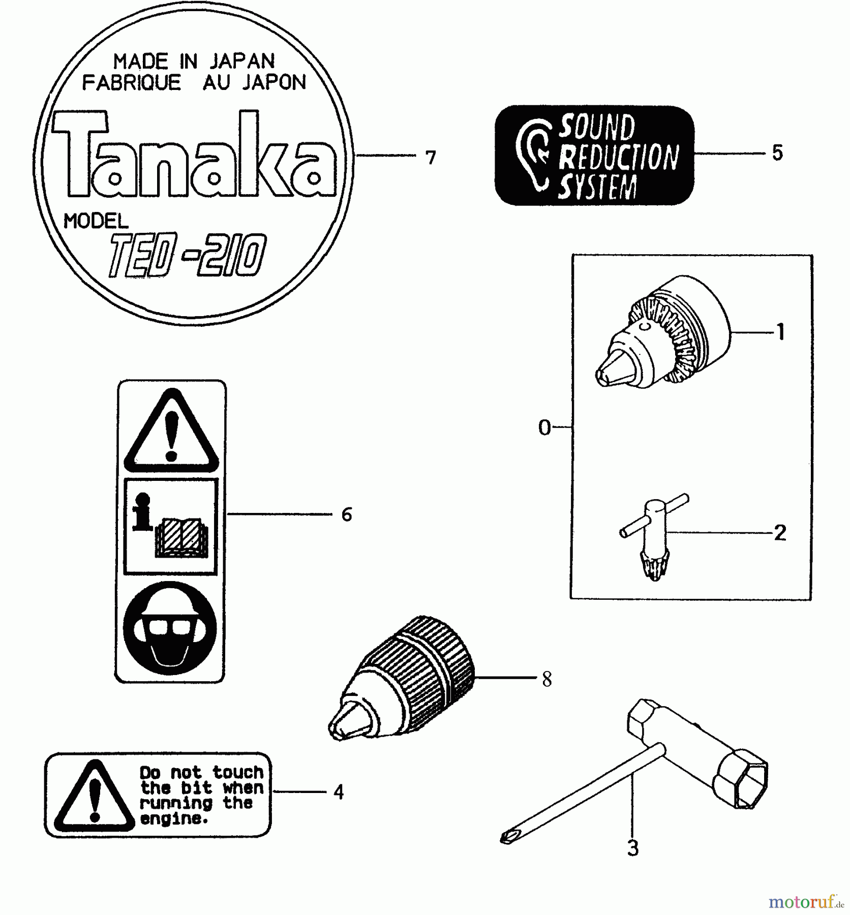  Tanaka Erdbohrer TED-210C - Tanaka Gas Drill (SN: T277487 - T2848900) Chuck & Key, Wrench, Decals