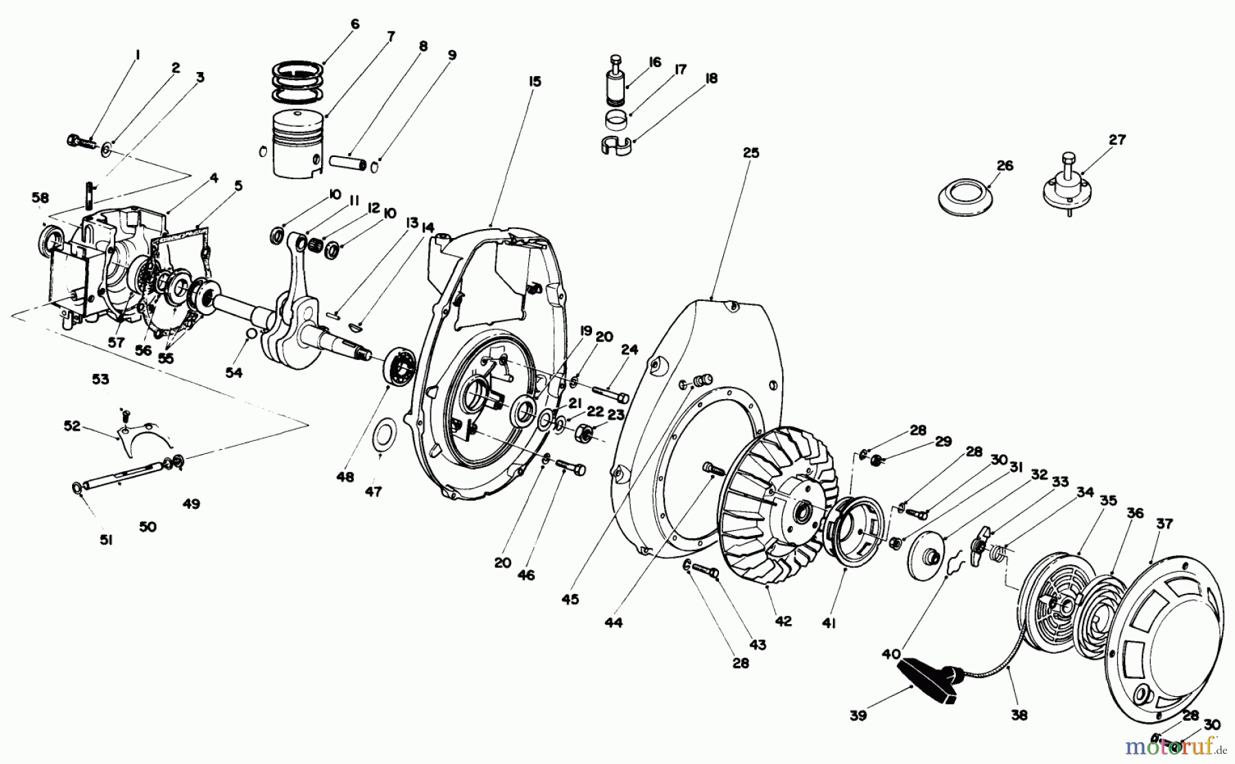 Toro Neu Mowers, Drive Unit Only 30113 - Toro Mid-Size Proline Gear Traction Unit, 8 hp, 1986 (6000001-6999999) CRANKCASE & FLYWHEEL ASSEMBLY