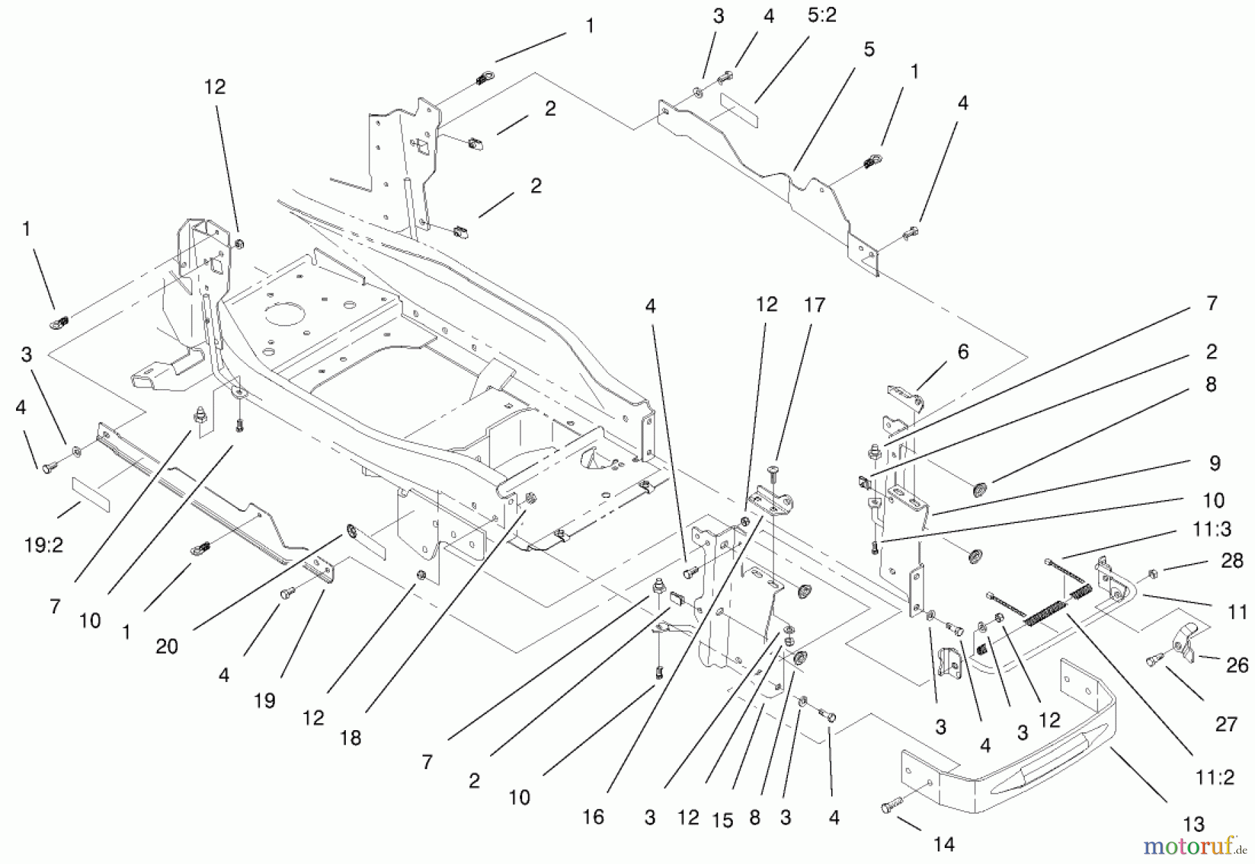 Toro Neu Mowers, Lawn & Garden Tractor Seite 1 73561SEI (522xi) - Toro 522xi Indy Special Edition Garden Tractor, 2000 (200000001-200999999) BUMPER AND HOOD SUPPORT ASSEMBLY