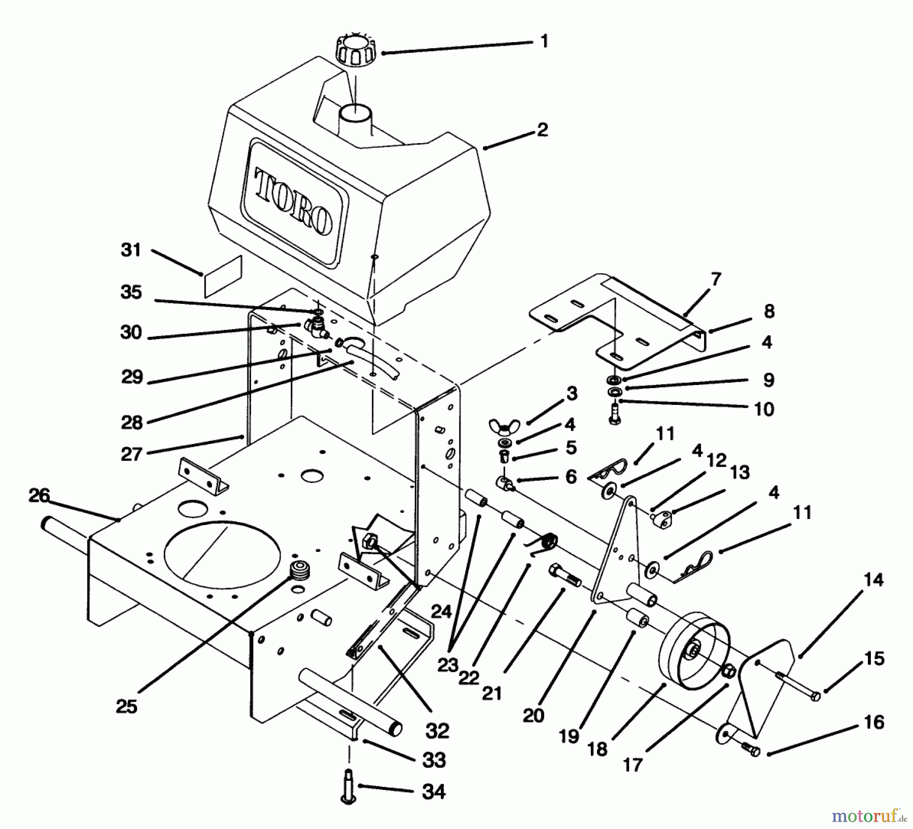 Toro Neu Mowers, Drive Unit Only 30180 - Toro Mid-Size Proline Gear Traction Unit, 16 hp, 1995 (590001-599999) FRAME, FUEL TANK AND WHEEL DRIVE IDLER