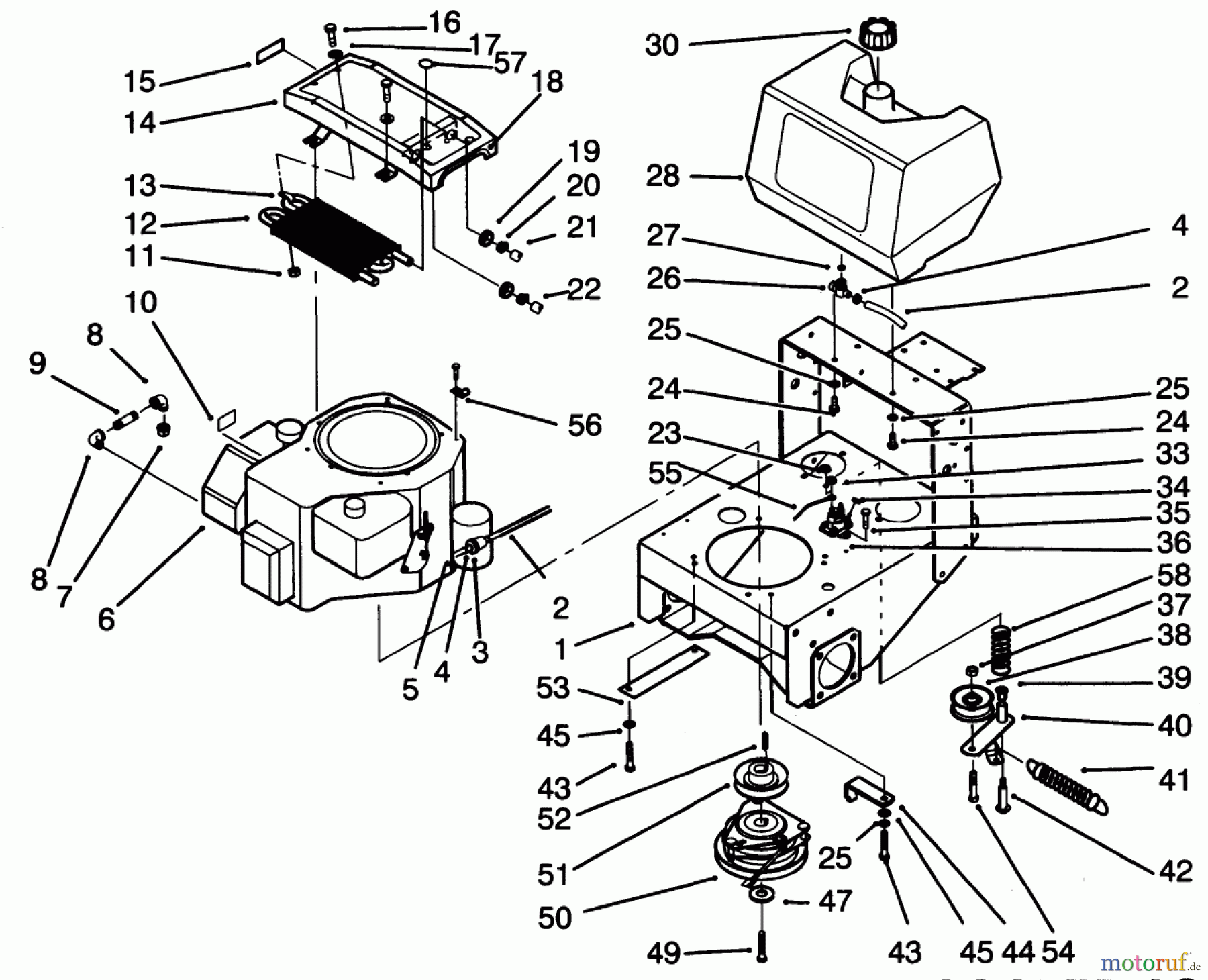  Toro Neu Mowers, Drive Unit Only 30185 - Toro Mid-Size Proline Hydro Traction Unit, 14 hp, 1993 (39000001-39999999) FRAME, ENGINE, FUEL TANK, CLUTCH & COOLER ASS-Y