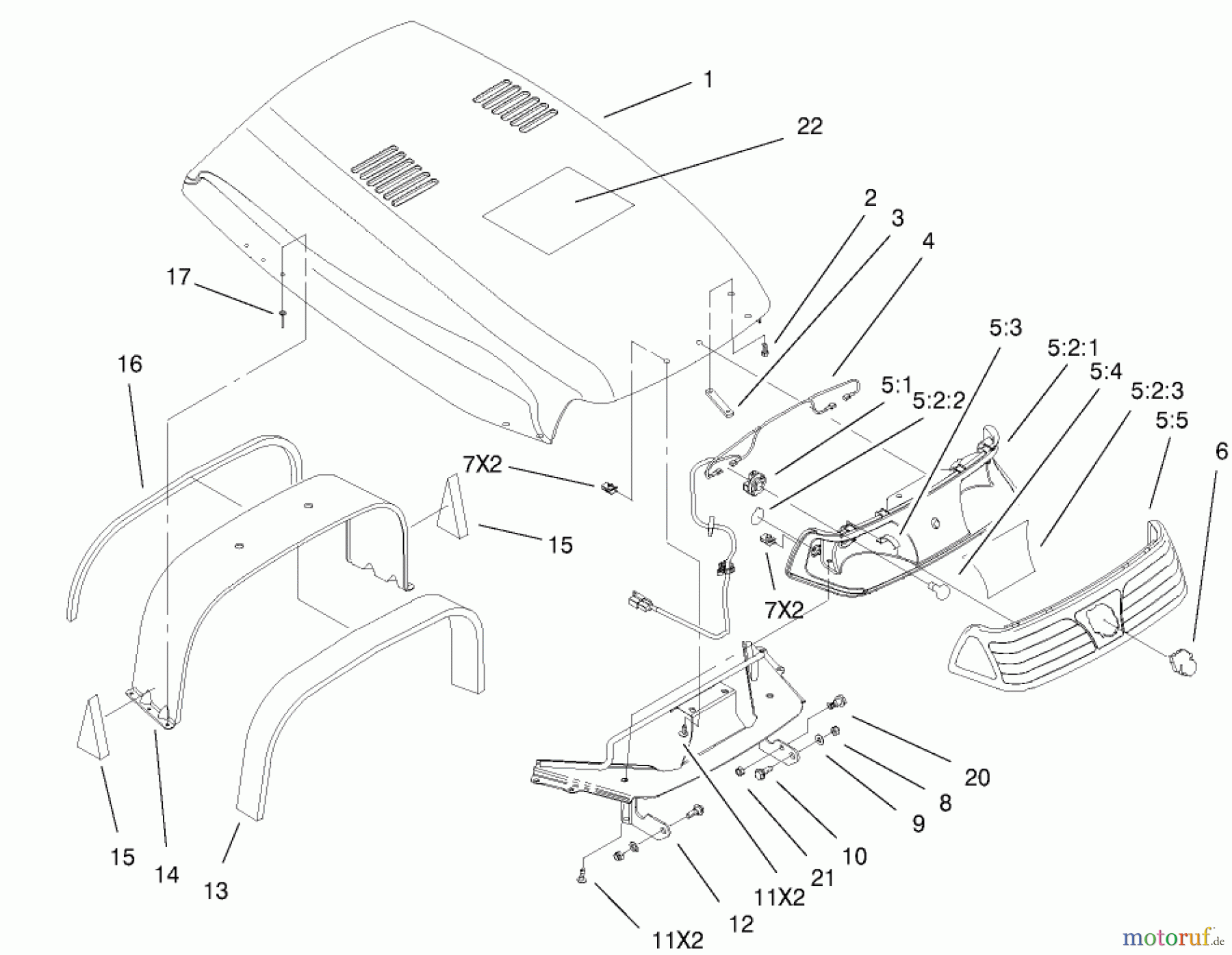 Toro Neu Mowers, Lawn & Garden Tractor Seite 1 73561SEI (522xi) - Toro 522xi Indy Special Edition Garden Tractor, 2000 (200000001-200999999) HOOD AND HEADLIGHT ASSEMBLY