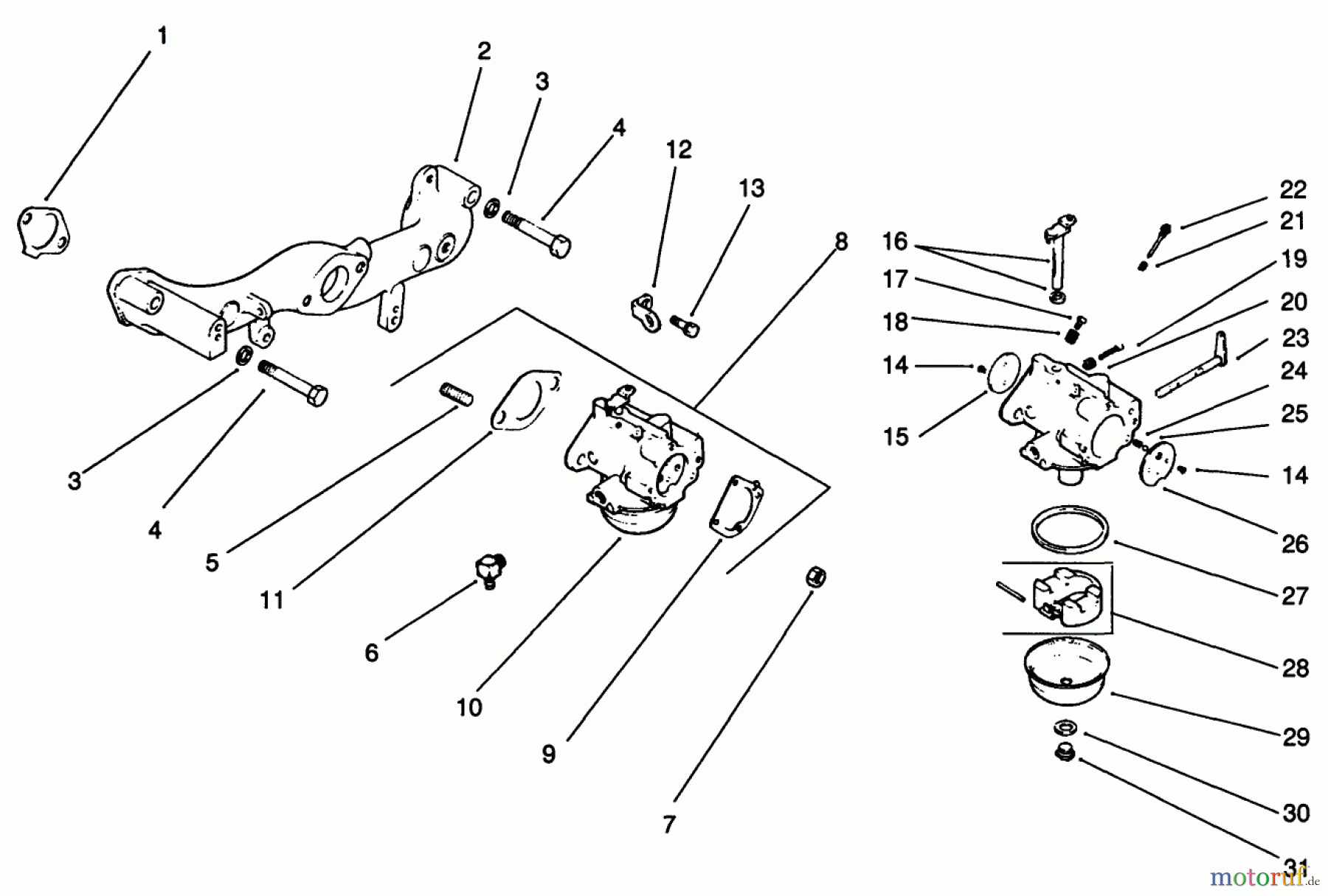 Toro Neu Mowers, Drive Unit Only 30190 - Toro Mid-Size Proline Hydro Traction Unit, 18 hp, 1991 (10000001-19999999) CARBURETOR-KOHLER ENGINE MODEL NO. MV18S-TYPE 58543