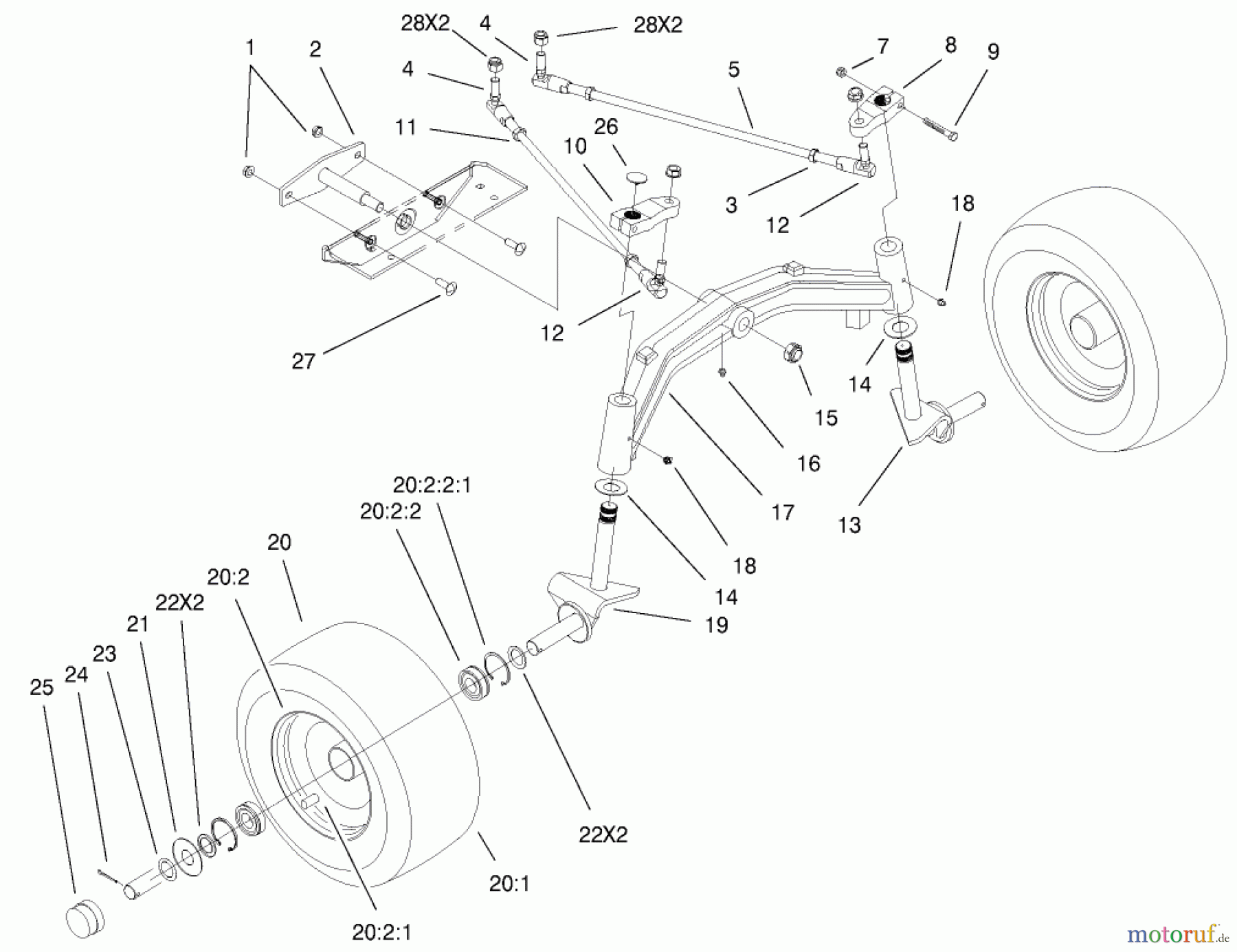 Toro Neu Mowers, Lawn & Garden Tractor Seite 1 73561SEI (522xi) - Toro 522xi Indy Special Edition Garden Tractor, 2000 (200000001-200999999) TIE RODS, SPINDLE AND FRONT AXLE ASSEMBLY