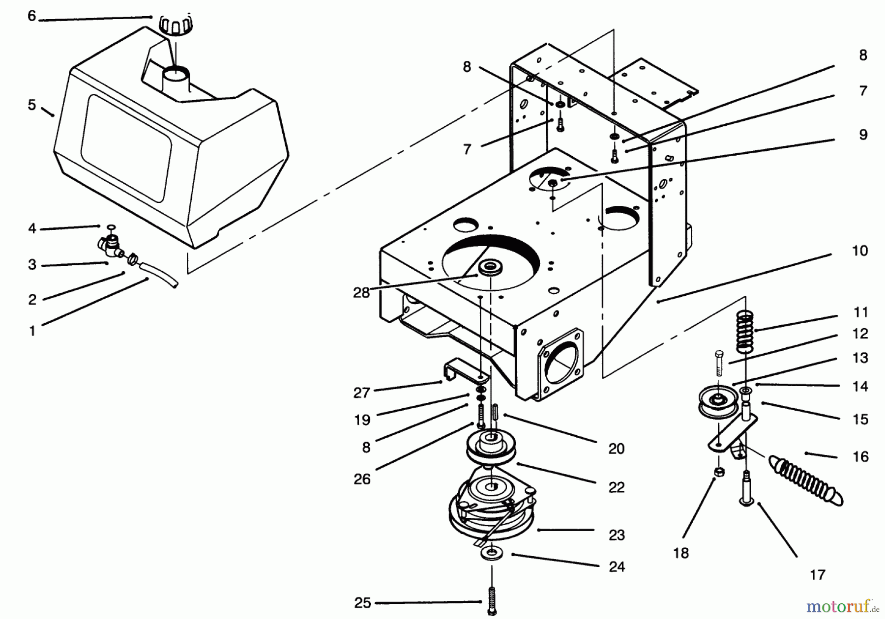  Toro Neu Mowers, Drive Unit Only 30191 - Toro Mid-Size Proline Hydro Traction Unit, 20 hp, 1995 (590001-599999) FUEL TANK, CLUTCH & IDLER ASSEMBLY