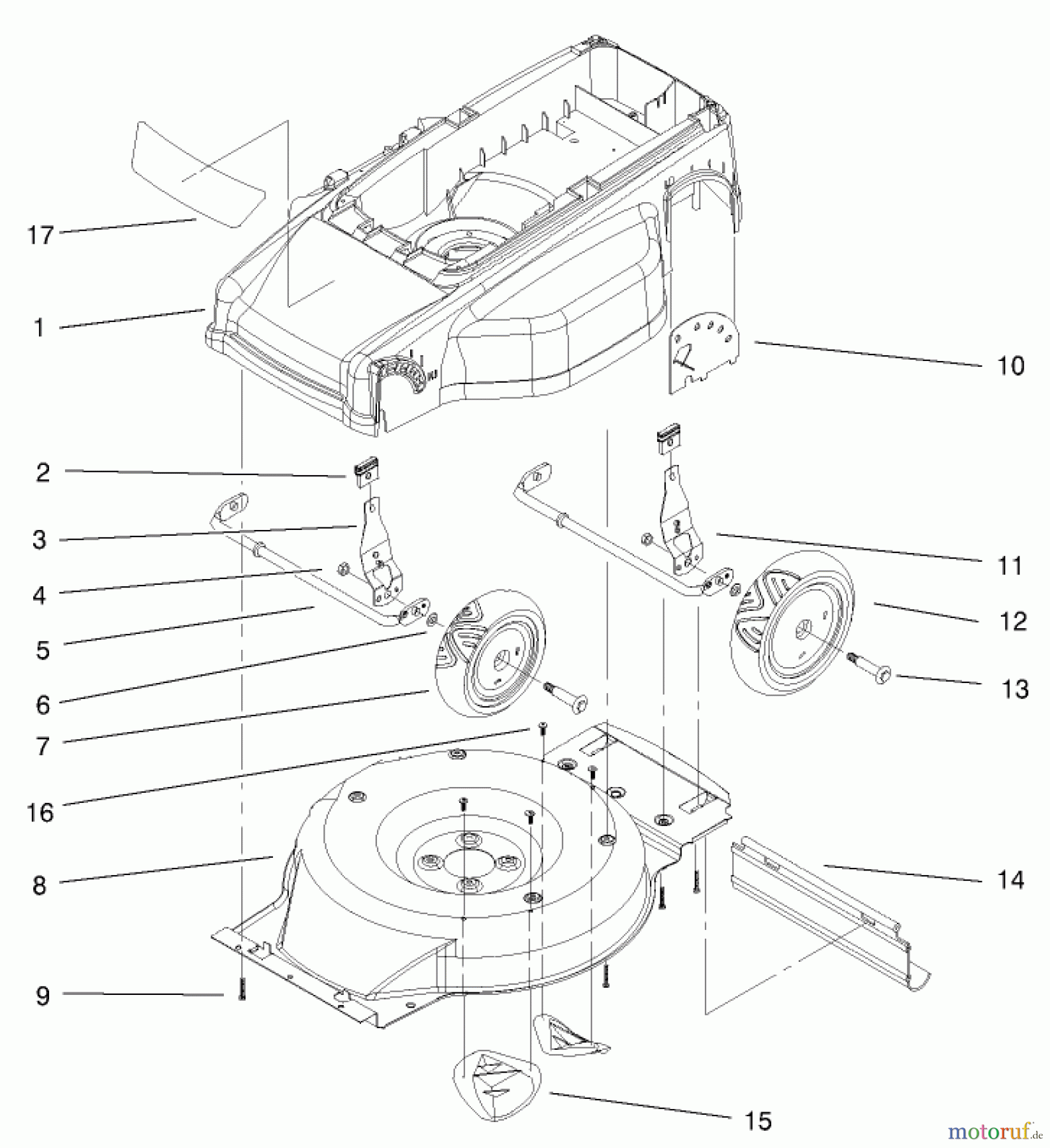 Toro Neu Mowers, Electric 20050 (E120) - Toro Carefree Recycler Electric Mower, E120, 2000 (200000001-200999999) DECK, LINER AND WHEEL ASSEMBLY