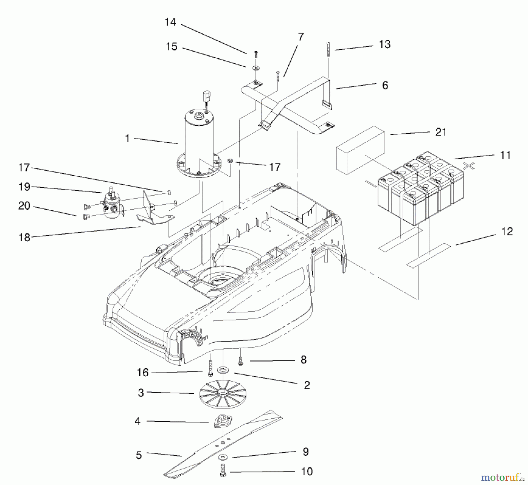 Toro Neu Mowers, Electric 20052 (E24) - Toro Carefree Recycler Electric Mower, E24, 2001 (210000001-210999999) MOTOR, BATTERY, AND BLADE ASSEMBLY