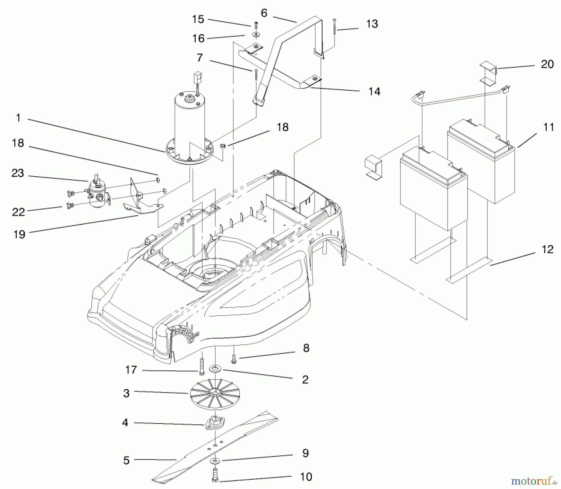 Toro Neu Mowers, Electric 20647 - Toro Carefree Electric WPM, 24 VDC, 1997 (7900001-7999999) MOTOR, BATTERIES AND BLADE ASSEMBLY
