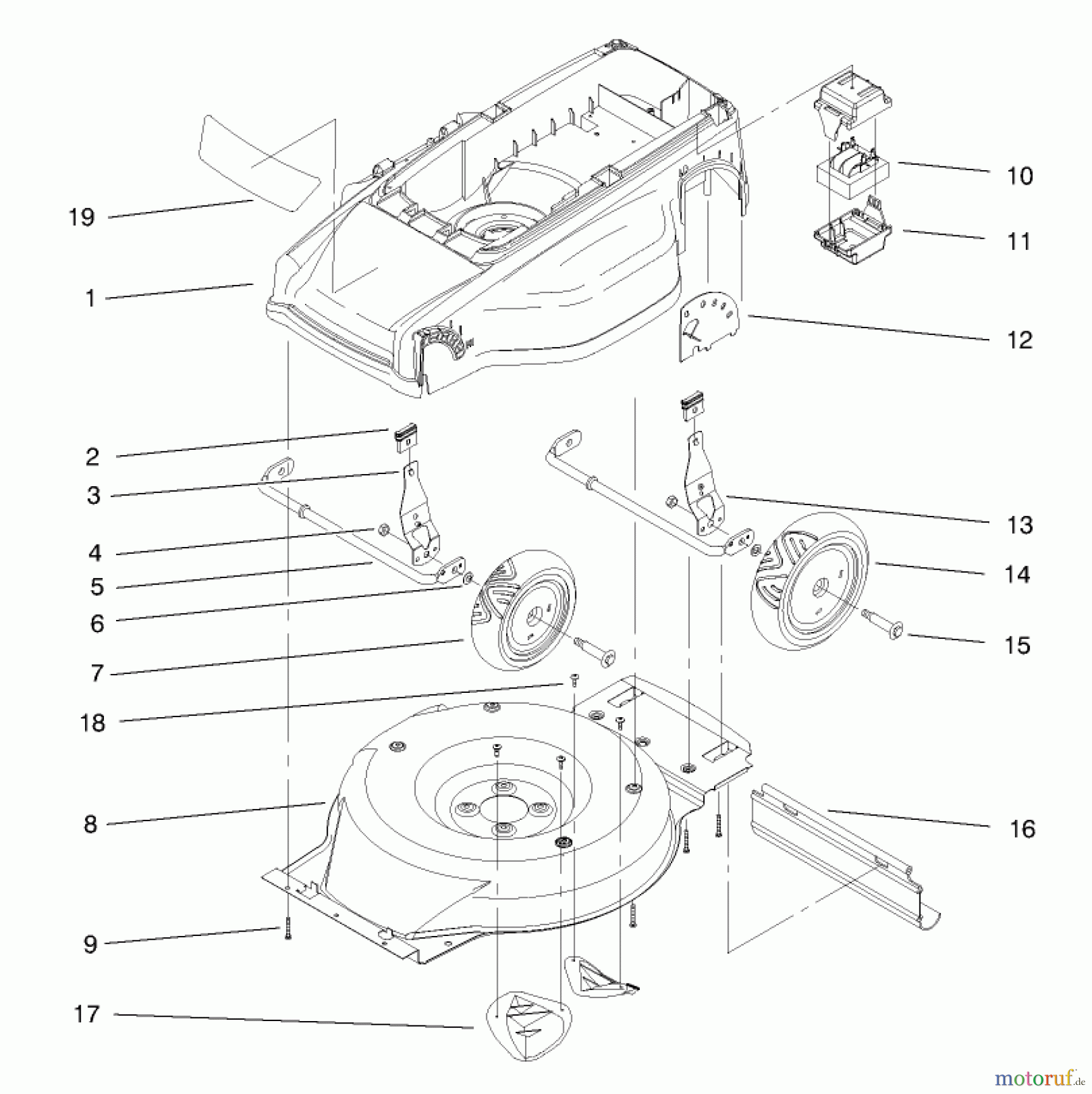  Toro Neu Mowers, Electric 20650 - Toro Carefree Recycler Electric Mower, E36, 1998 (89000001-89999999) DECK, LINER AND WHEEL ASSEMBLY