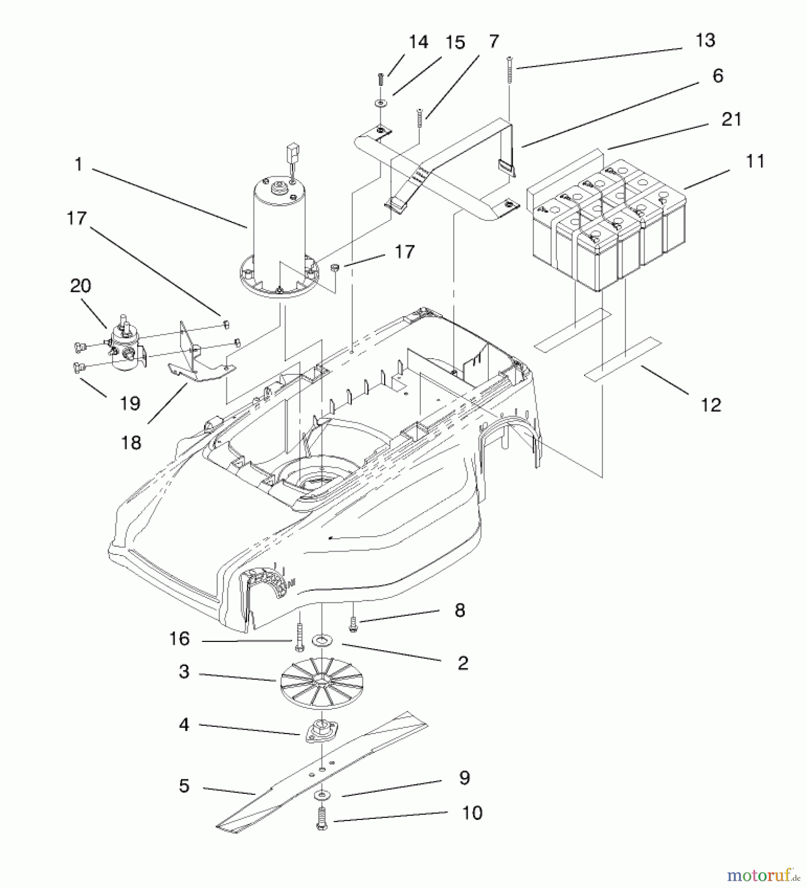 Toro Neu Mowers, Electric 21040 - Toro Carefree Cordless Lawnmower, 24V, 1997 (7900001-7999999) MOTOR, BATTERIES AND BLADE ASSEMBLY