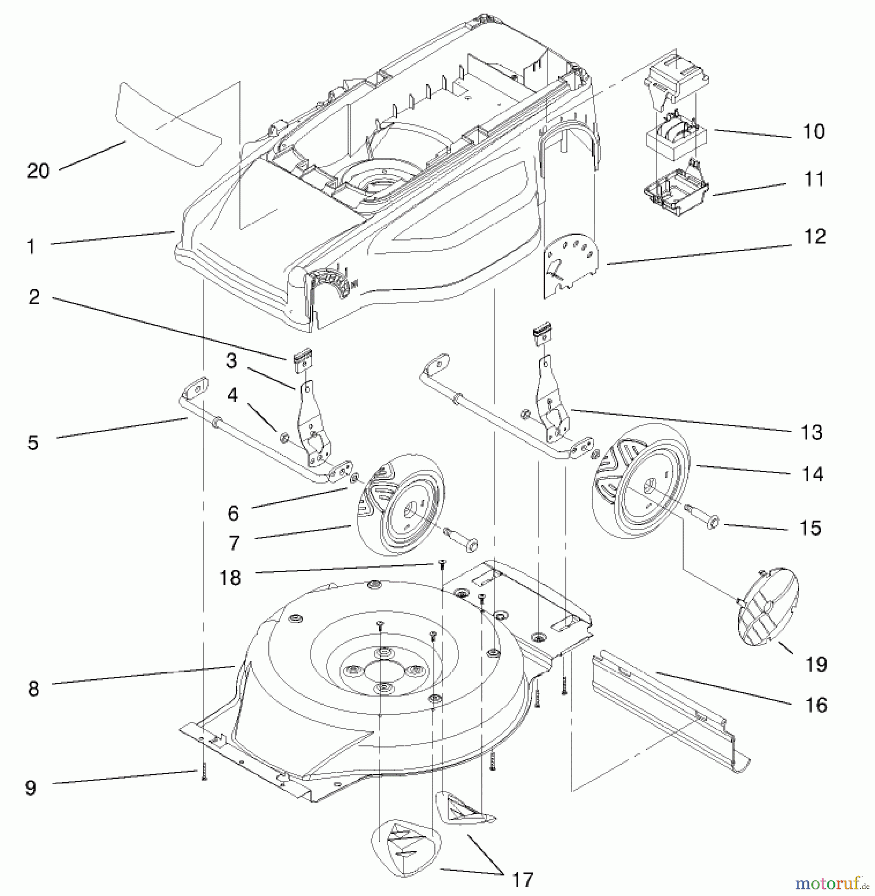  Toro Neu Mowers, Electric 21040 - Toro Carefree Cordless Lawnmower, 24V, 2001 (210000001-210999999) DECK, LINER AND WHEEL ASSEMBLY
