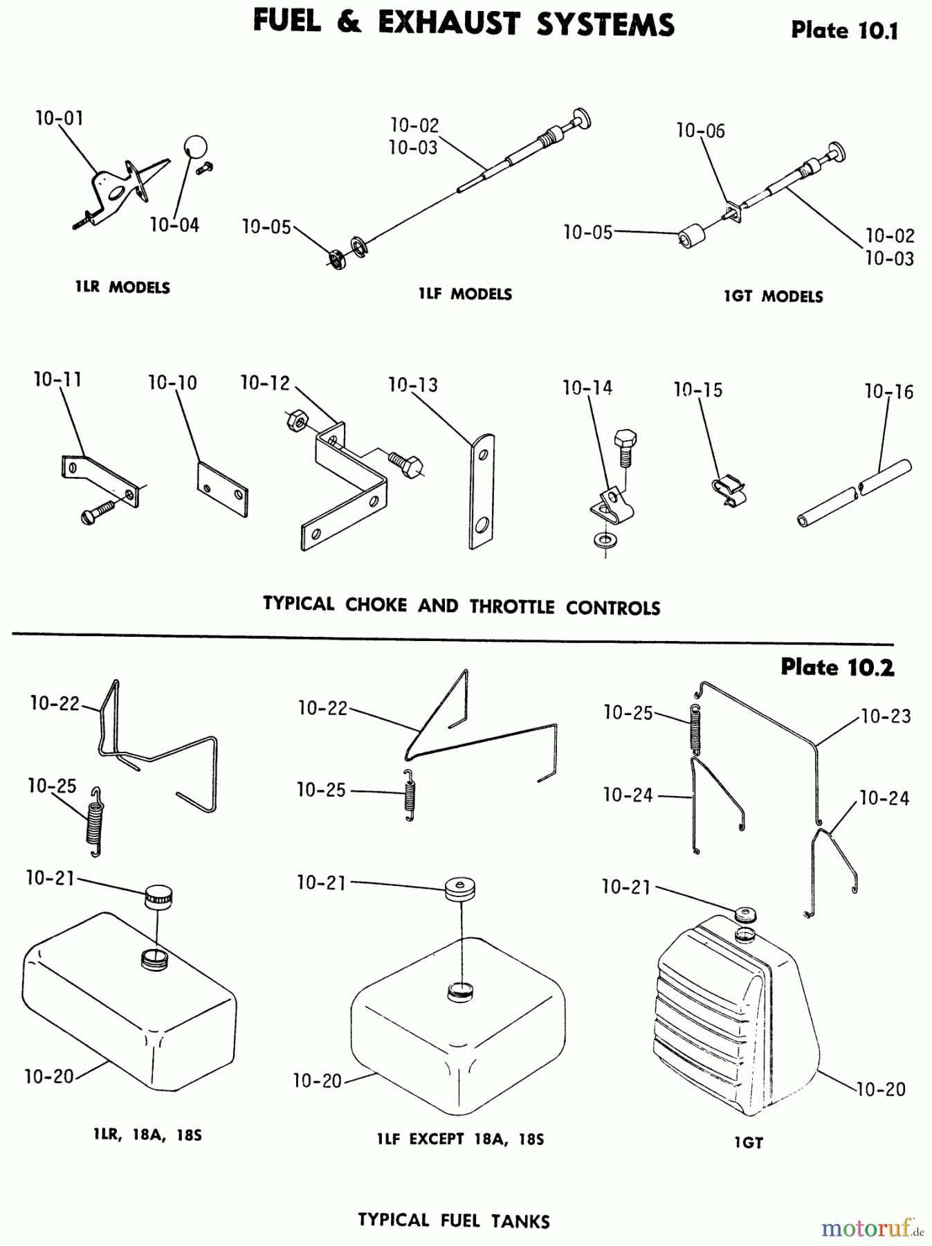 Toro Neu Mowers, Lawn & Garden Tractor Seite 1 1-0100 - Toro WorkHorse 800 Tractor, 1971 10.000 FUEL AND EXHAUST SYSTEMS-10.000 CHOKE AND THROTTLE CONTROLS (PLATE 10.1)