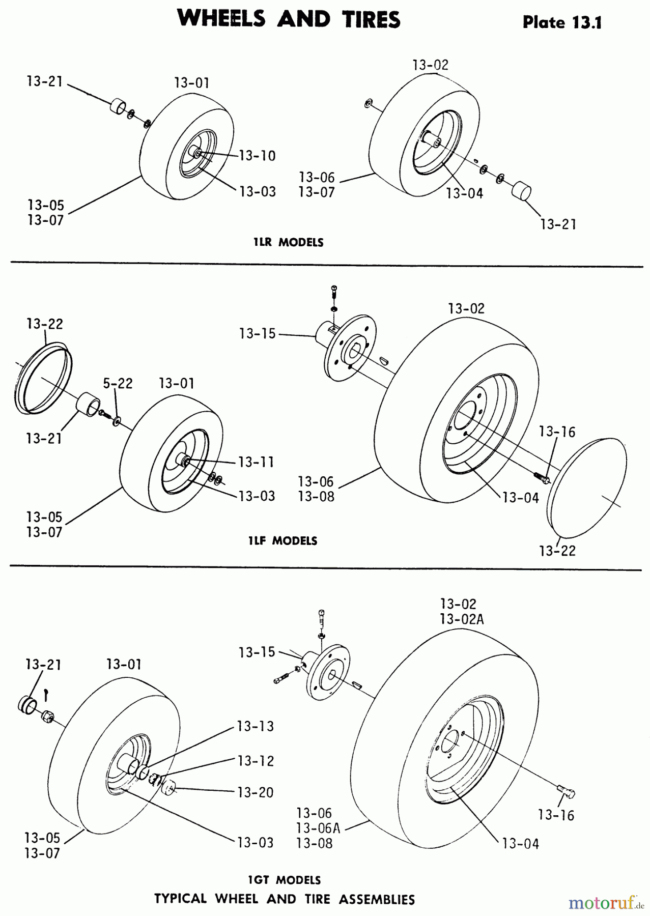 Toro Neu Mowers, Lawn & Garden Tractor Seite 1 1-0100 - Toro WorkHorse 800 Tractor, 1971 13.000 WHEELS AND TIRES-13.000 WHEELS, TIRES, TUBES (PLATE 13.1)