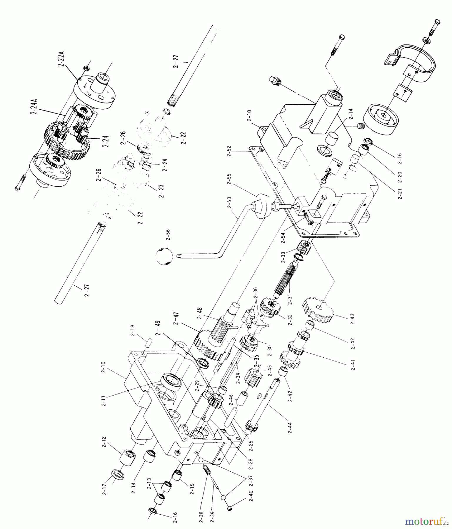Toro Neu Mowers, Lawn & Garden Tractor Seite 1 1-0140 (B-80) - Toro B-80 4-Speed Tractor, 1974 2.010 COMPONENT PARTS, TRANS. (PLATE 2.2)