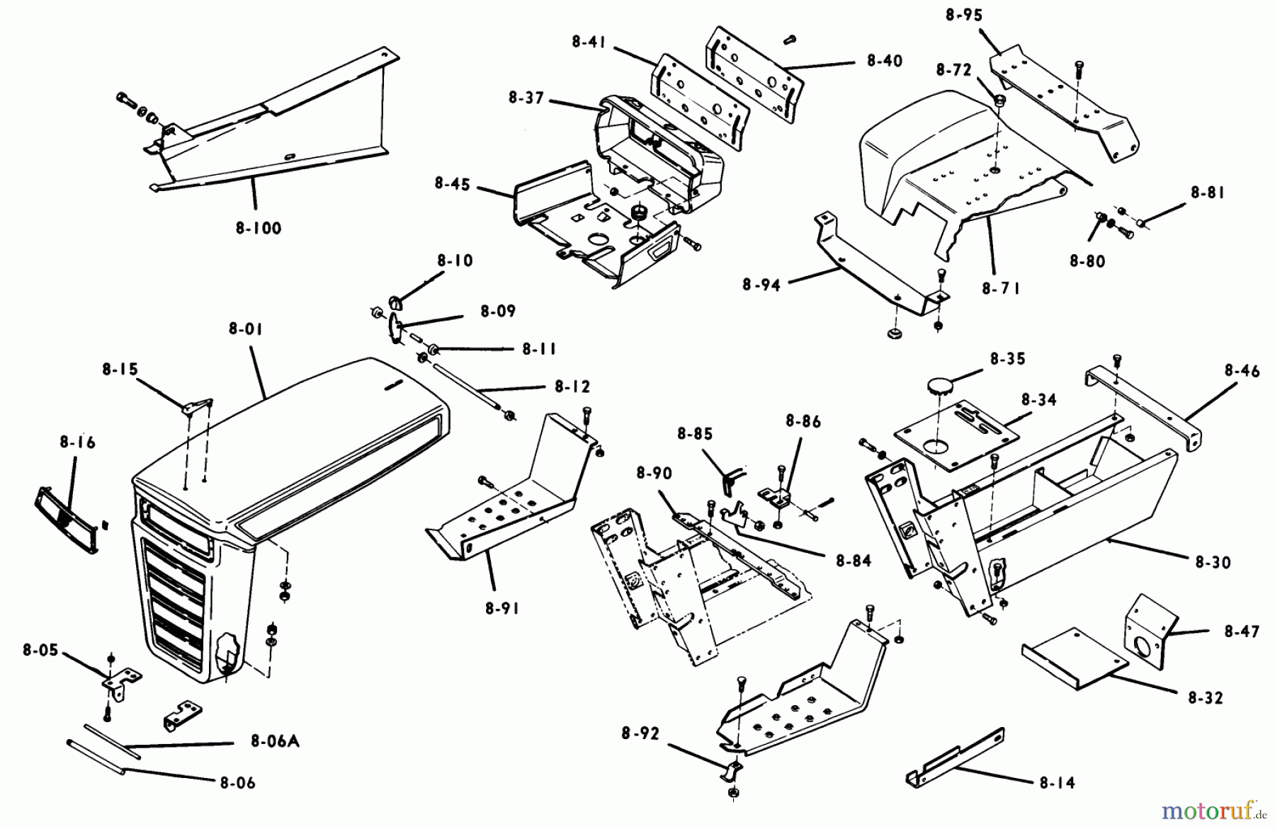 Toro Neu Mowers, Lawn & Garden Tractor Seite 1 1-0141 (B-80) - Toro B-80 4-Speed Tractor, 1975 B-100 PARTS MANUAL 8.000 SHEET METAL AND COVERS (FIG. 8)