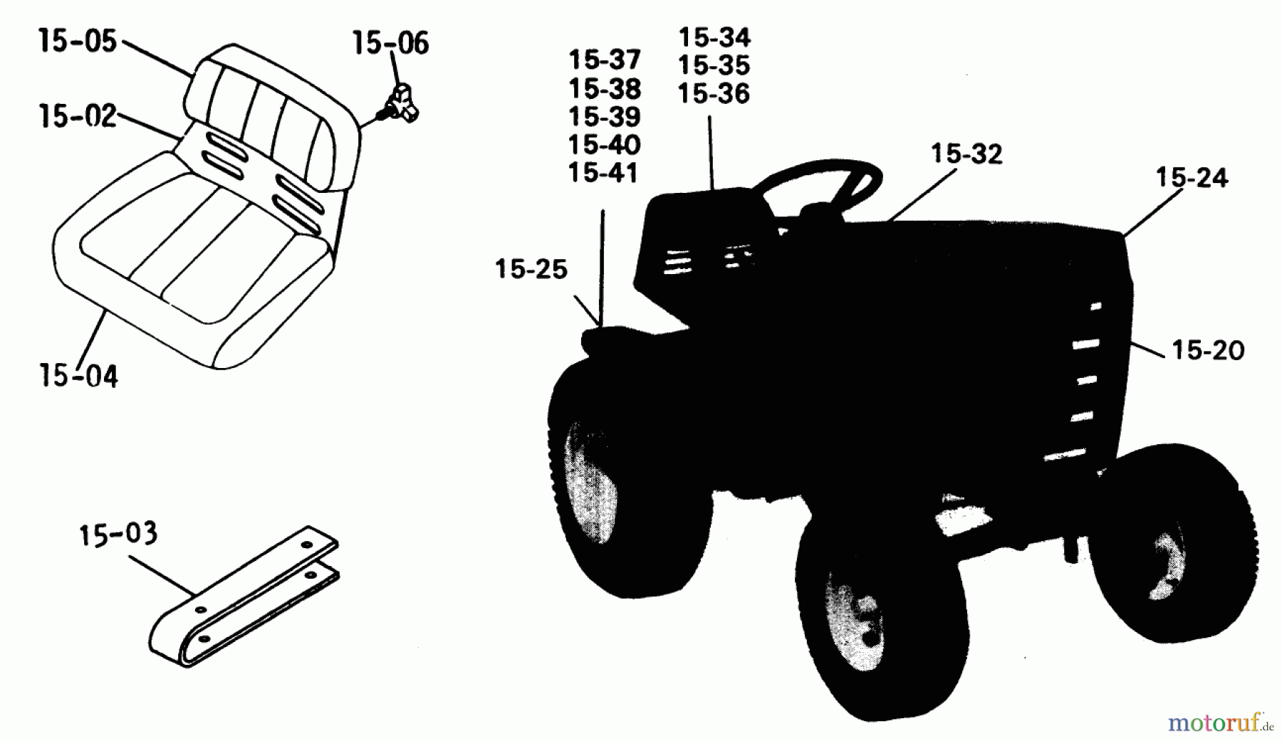 Toro Neu Mowers, Lawn & Garden Tractor Seite 1 1-0357 (C-120) - Toro C-120 8-Speed Tractor, 1975 15.000 SEATS, DECALS MISC. TRIM (FIG. 15)