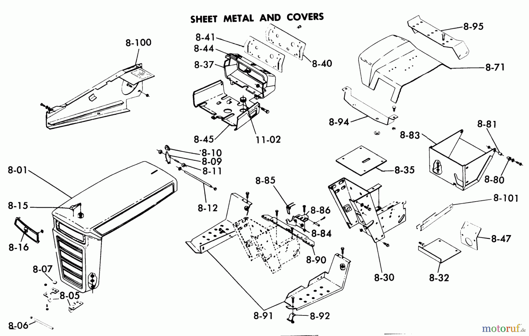  Toro Neu Mowers, Lawn & Garden Tractor Seite 1 1-0481 (C-160) - Toro C-160 Automatic Tractor, 1975 8.000 SHEET METAL AND COVERS (FIG. 8)