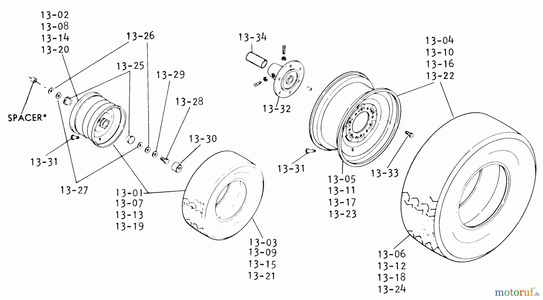Toro Neu Mowers, Lawn & Garden Tractor Seite 1 1-0650 (D-160) - Toro D-160 Automatic Tractor, 1974 WHEELS AND TIRES (PLATE 13.1) REGULAR WIDTH TIRE SET