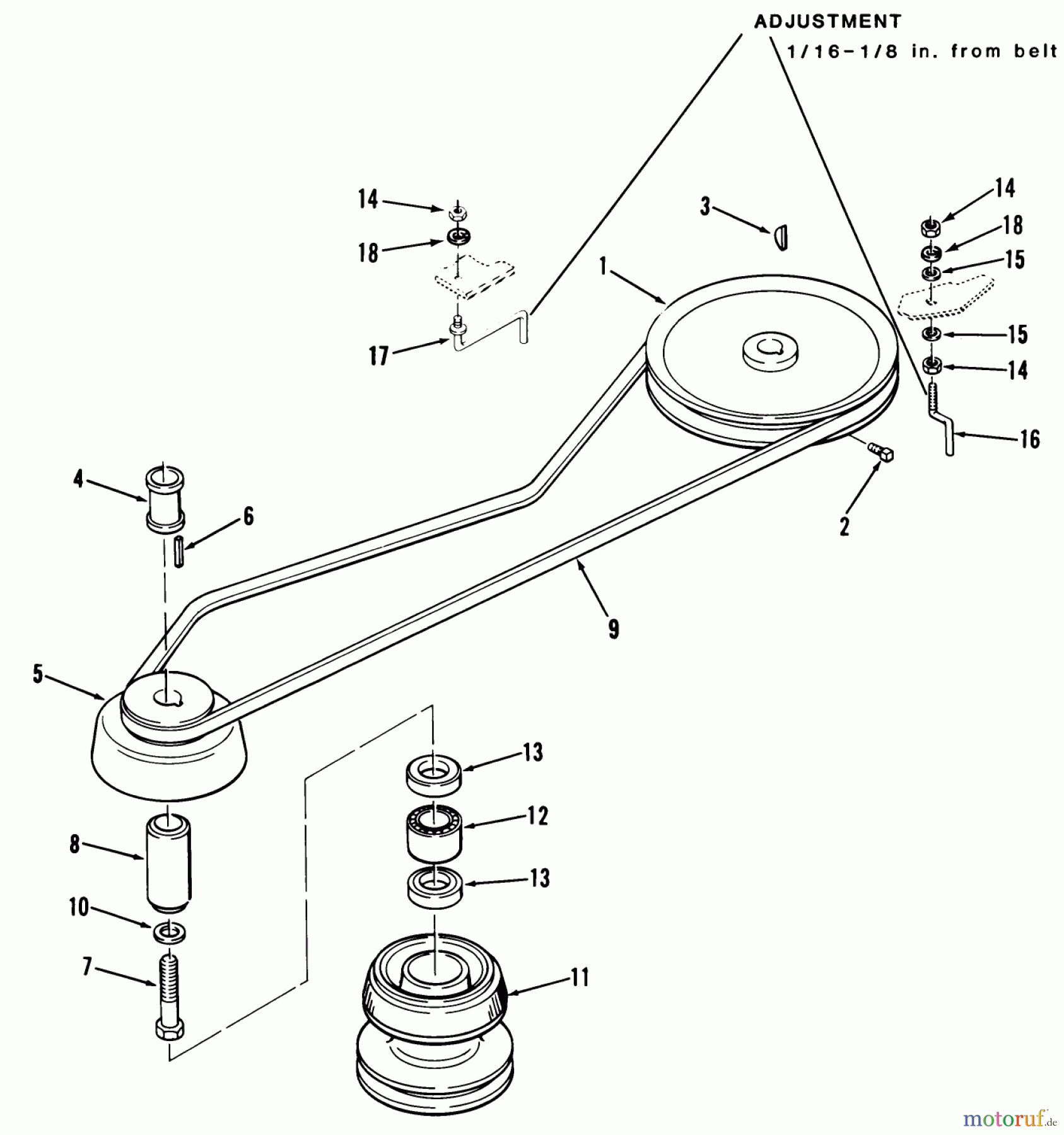 Toro Neu Mowers, Lawn & Garden Tractor Seite 1 12-11BP02 (B-115) - Toro B-115 5-Speed Tractor, 1984 DRIVE BELT AND PULLEYS-5-SPEED MODELS
