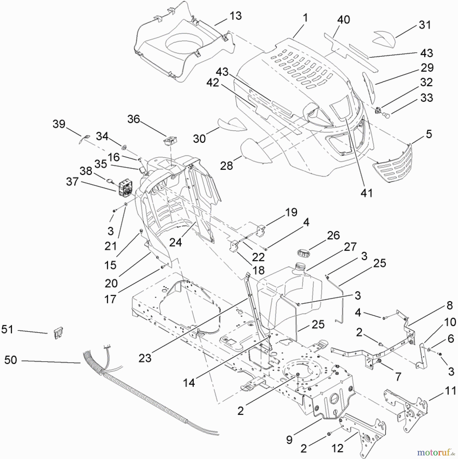  Toro Neu Mowers, Lawn & Garden Tractor Seite 1 13RL60RG044 (LX426) - Toro LX426 Lawn Tractor, 2008 (SN 1L107H10100-) FUEL TANK, HOOD AND DASH ASSEMBLY