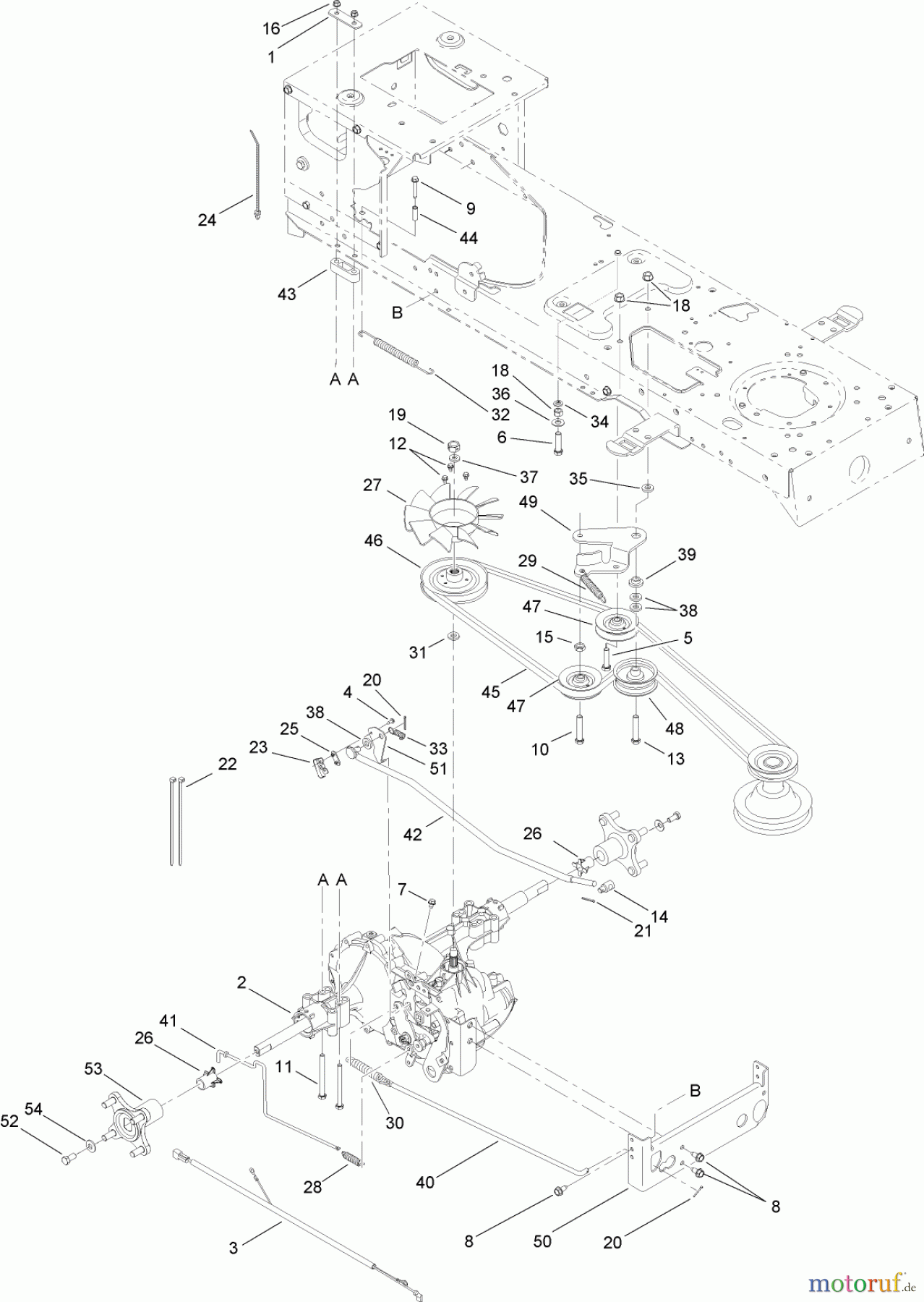  Toro Neu Mowers, Lawn & Garden Tractor Seite 1 13AP62RP544 (SL500) - Toro SL500 Super Lawn Tractor, 2007 (1B157H20701-) TRANSMISSION, BELT AND PULLEY ASSEMBLY