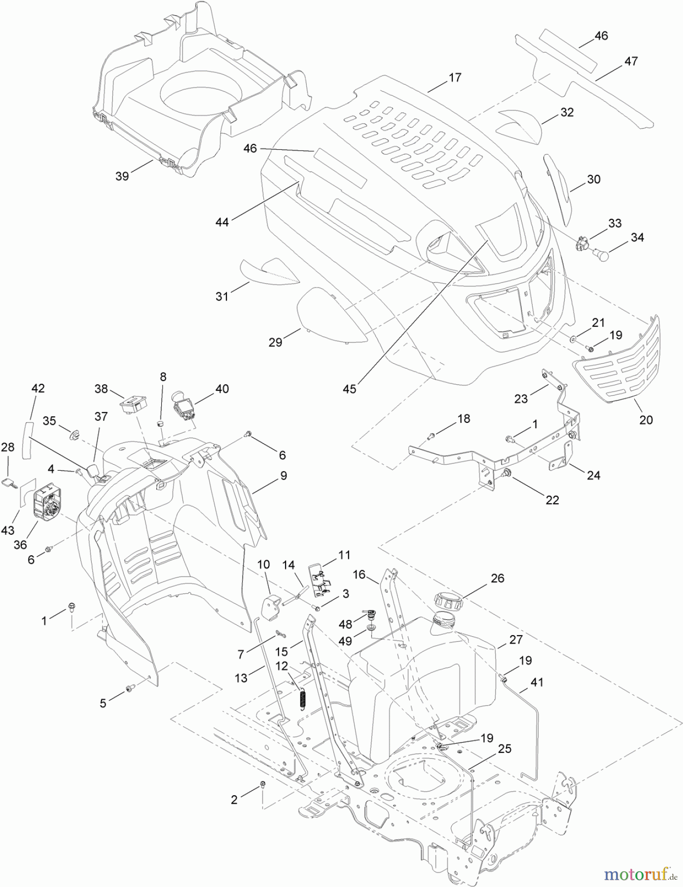 Toro Neu Mowers, Lawn & Garden Tractor Seite 1 13AP91RT848 (LX468) - Toro LX468 Lawn Tractor, 2012 (SN 1-1) FUEL TANK, HOOD AND DASH ASSEMBLY