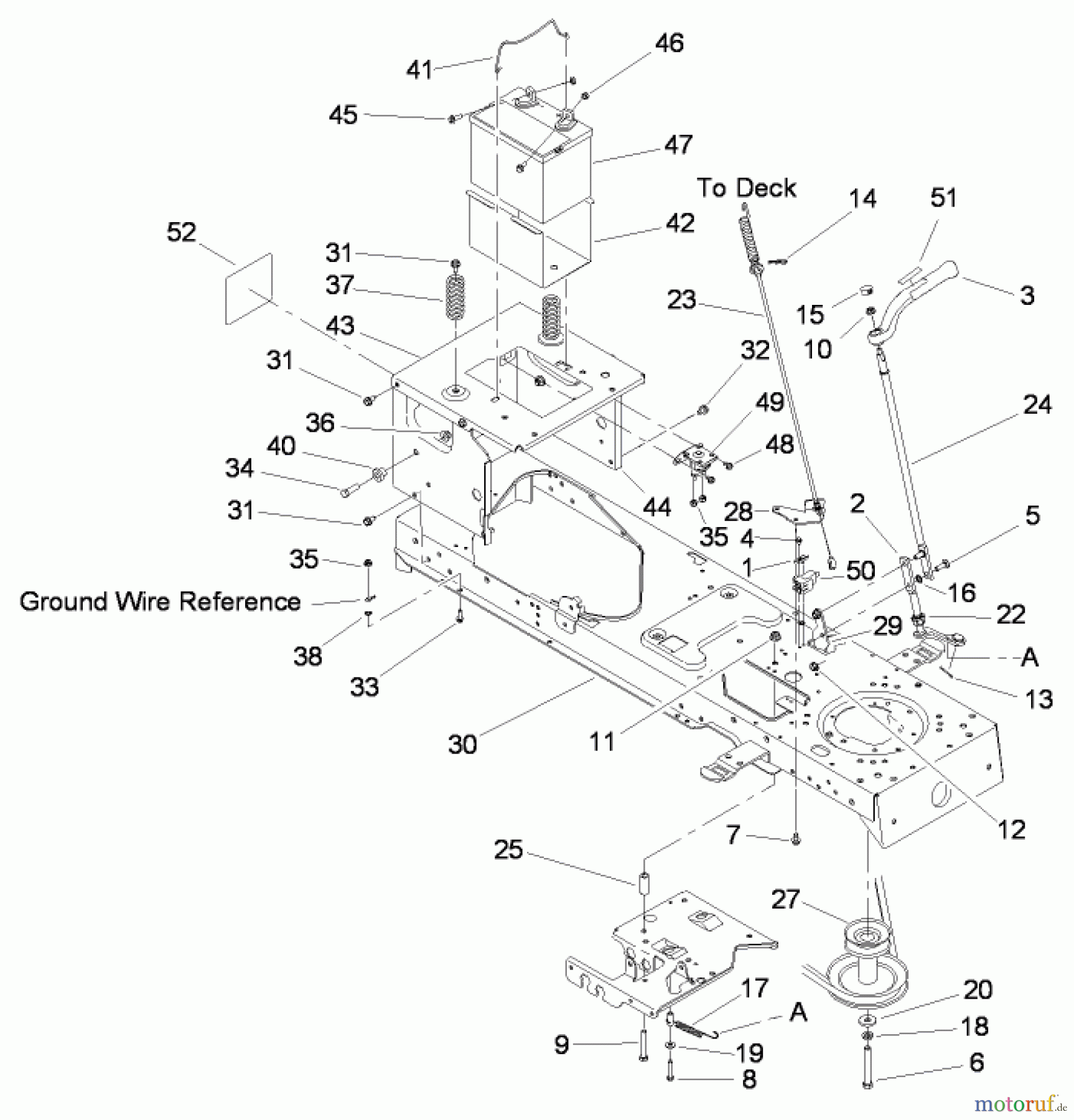 Toro Neu Mowers, Lawn & Garden Tractor Seite 1 13RT61RH244 (LX466) - Toro LX466 Lawn Tractor, 2008 (SN 1L137H10100-) FRAME, BATTERY AND PTO ASSEMBLY