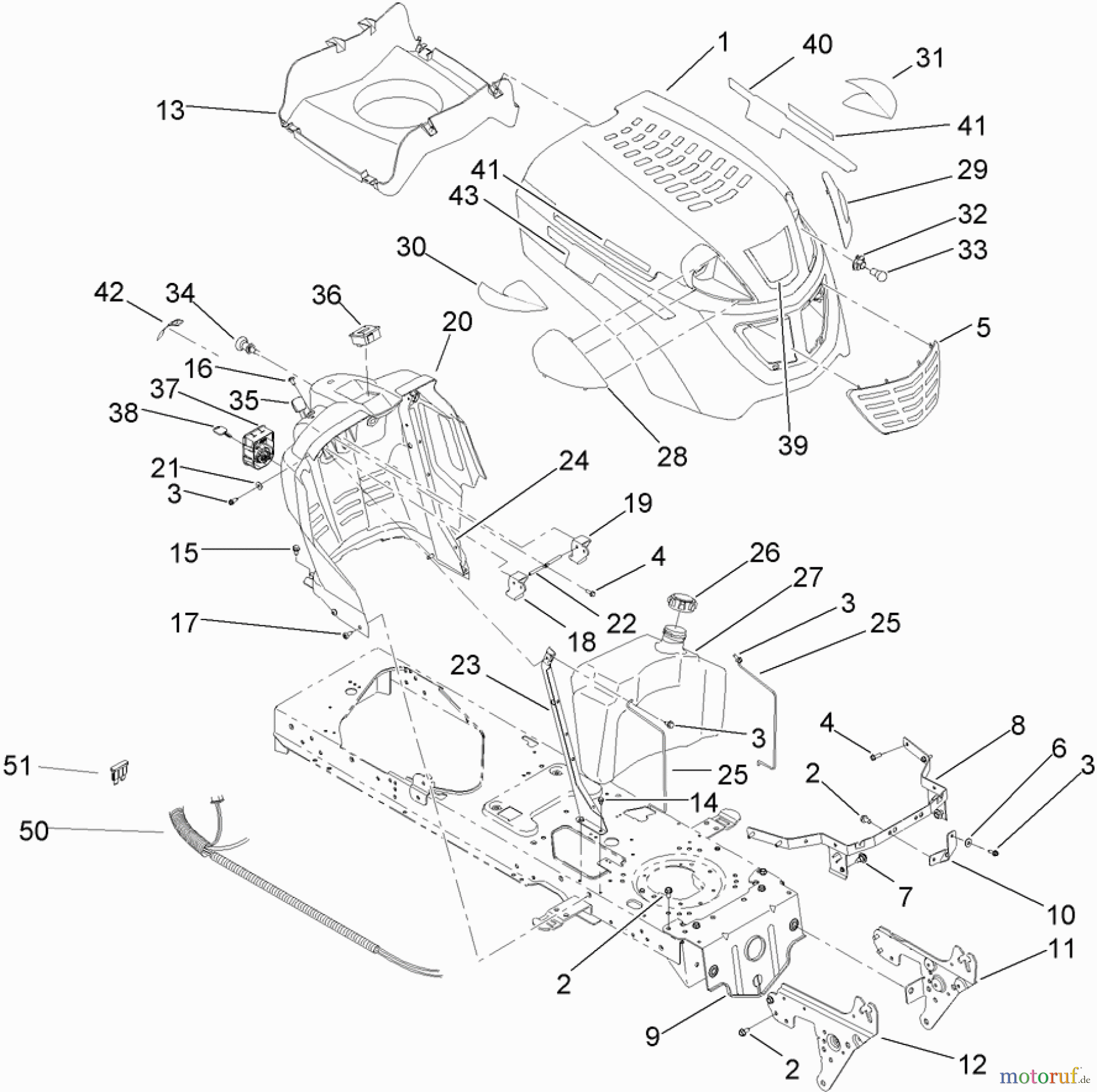 Toro Neu Mowers, Lawn & Garden Tractor Seite 1 13AT61RH044 (LX466) - Toro LX466 Lawn Tractor, 2008 (SN 1L137H10100 -) HOOD, DASH AND FUEL TANK ASSEMBLY