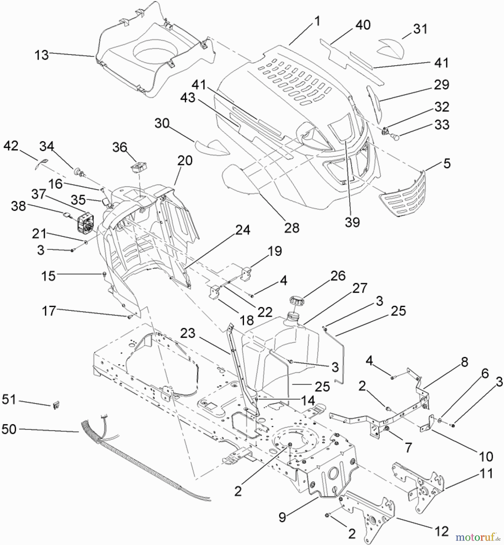 Toro Neu Mowers, Lawn & Garden Tractor Seite 1 13AT61RH544 (LX466) - Toro LX466 Lawn Tractor, 2008 (SN 1-) HOOD, DASH AND FUEL TANK ASSEMBLY