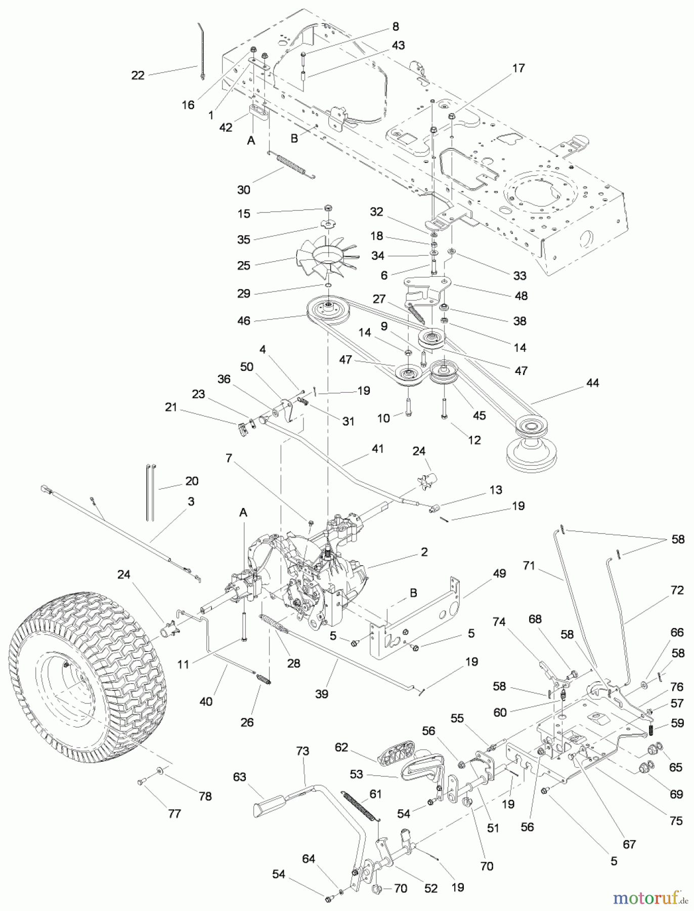Toro Neu Mowers, Lawn & Garden Tractor Seite 1 13AT61RH544 (LX466) - Toro LX466 Lawn Tractor, 2008 (SN 1-) TRANSMISSION, BELT, TRACTION AND BRAKE PEDAL ASSEMBLY