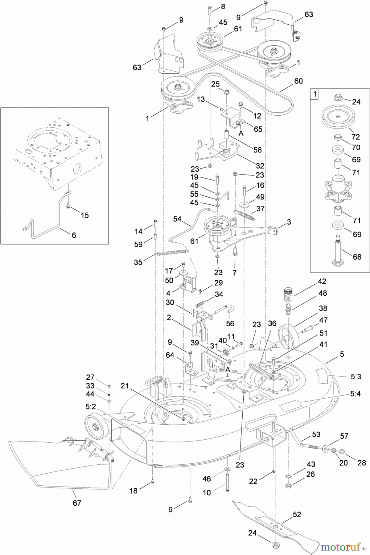 Toro Neu Mowers, Lawn & Garden Tractor Seite 1 13AX60RG848 (LX423) - Toro LX423 Lawn Tractor, 2009 (1-1) 42 INCH DECK SPINDLE AND BELT DRIVE ASSEMBLY