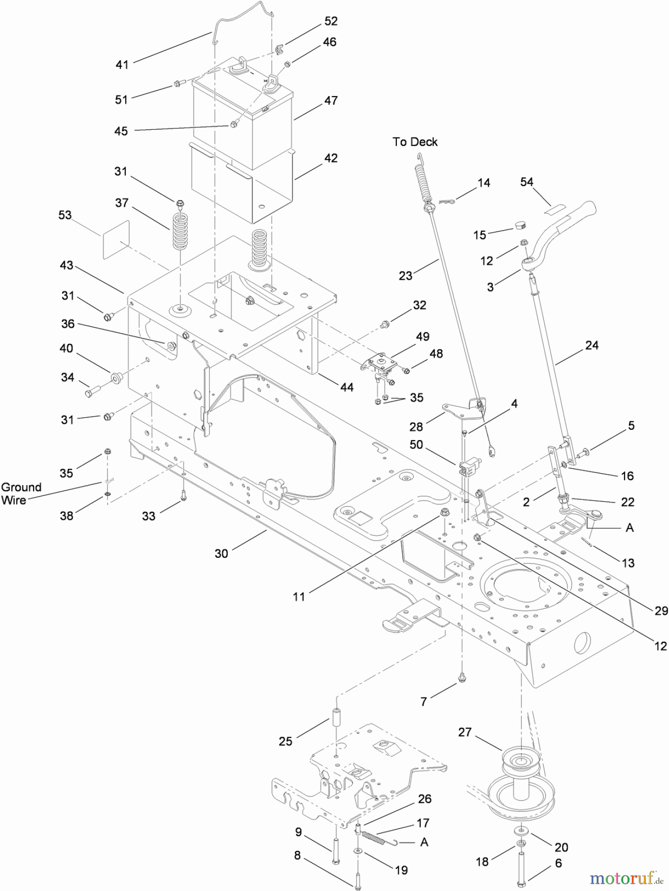  Toro Neu Mowers, Lawn & Garden Tractor Seite 1 13AX60RG848 (LX423) - Toro LX423 Lawn Tractor, 2009 (1-1) FRAME, BATTERY AND MANUAL PTO ASSEMBLY