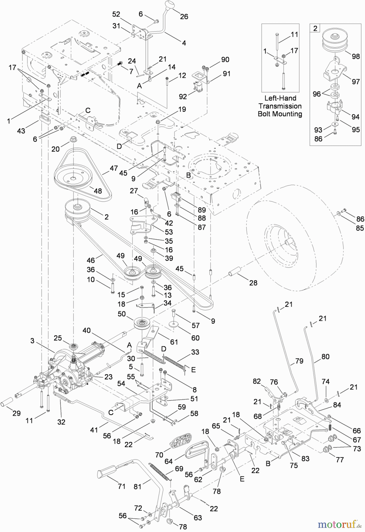 Toro Neu Mowers, Lawn & Garden Tractor Seite 1 13AX60RG848 (LX423) - Toro LX423 Lawn Tractor, 2009 (1-1) TRANSMISSION, BELT AND CONTROL PEDAL ASSEMBLY