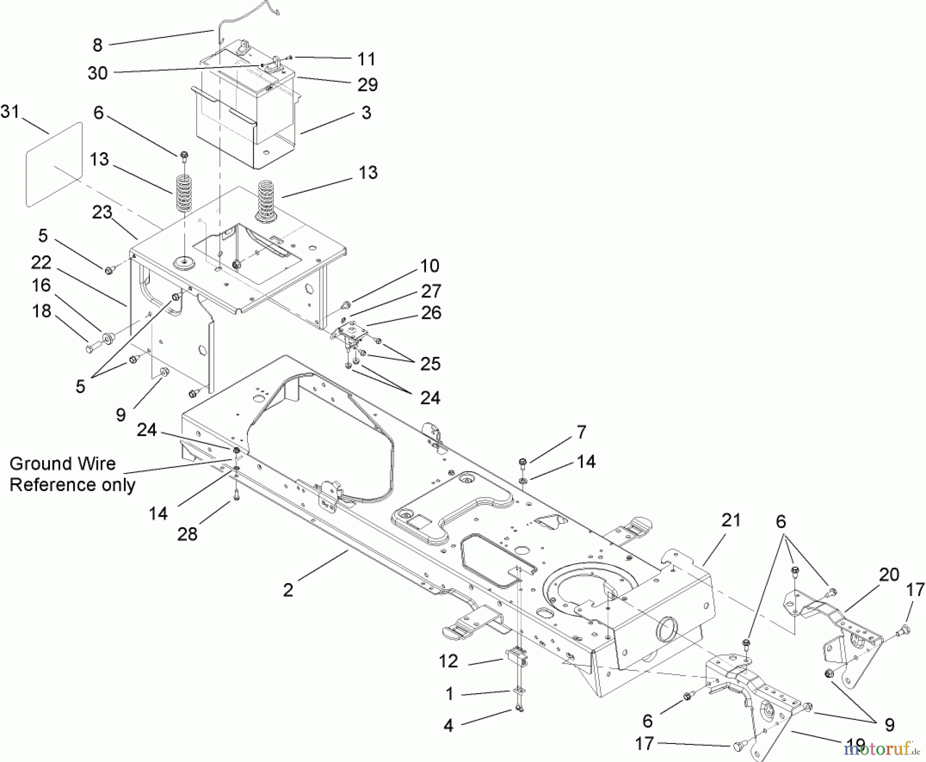 Toro Neu Mowers, Lawn & Garden Tractor Seite 1 13AX60RH744 (LX460) - Toro LX460 Lawn Tractor, 2006 (1A056B50000-) FRAME AND BATTERY ASSEMBLY