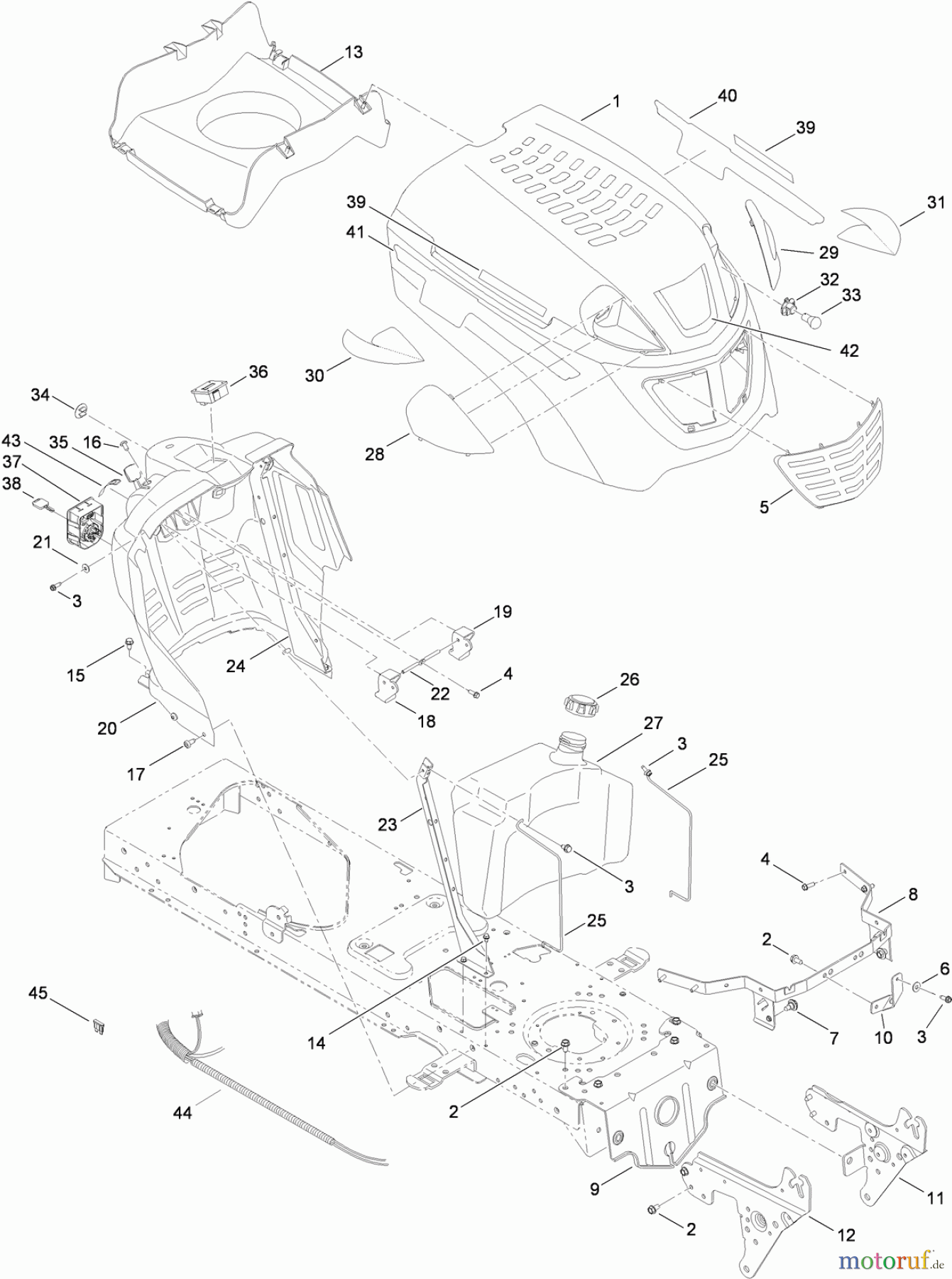 Toro Neu Mowers, Lawn & Garden Tractor Seite 1 13AX61RG848 (LX427) - Toro LX427 Lawn Tractor, After January 31 2009, 2009 (1A319H10001-1L319H19999) FUEL TANK, HOOD AND DASH ASSEMBLY