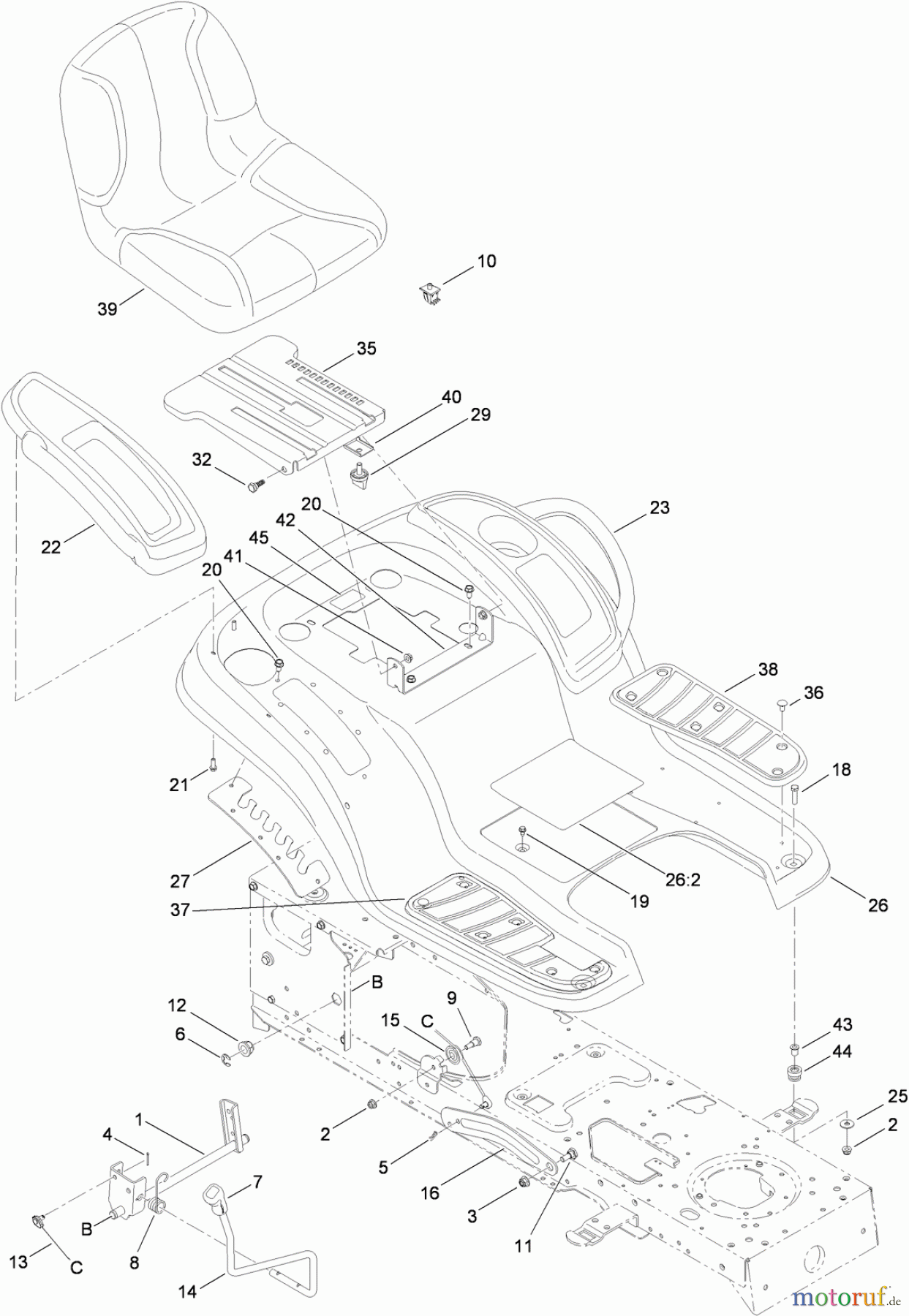 Toro Neu Mowers, Lawn & Garden Tractor Seite 1 13AX61RG848 (LX427) - Toro LX427 Lawn Tractor, After January 31 2009, 2009 (1A319H10001-1L319H19999) SEAT, FENDER AND DECK LIFT ASSEMBLY