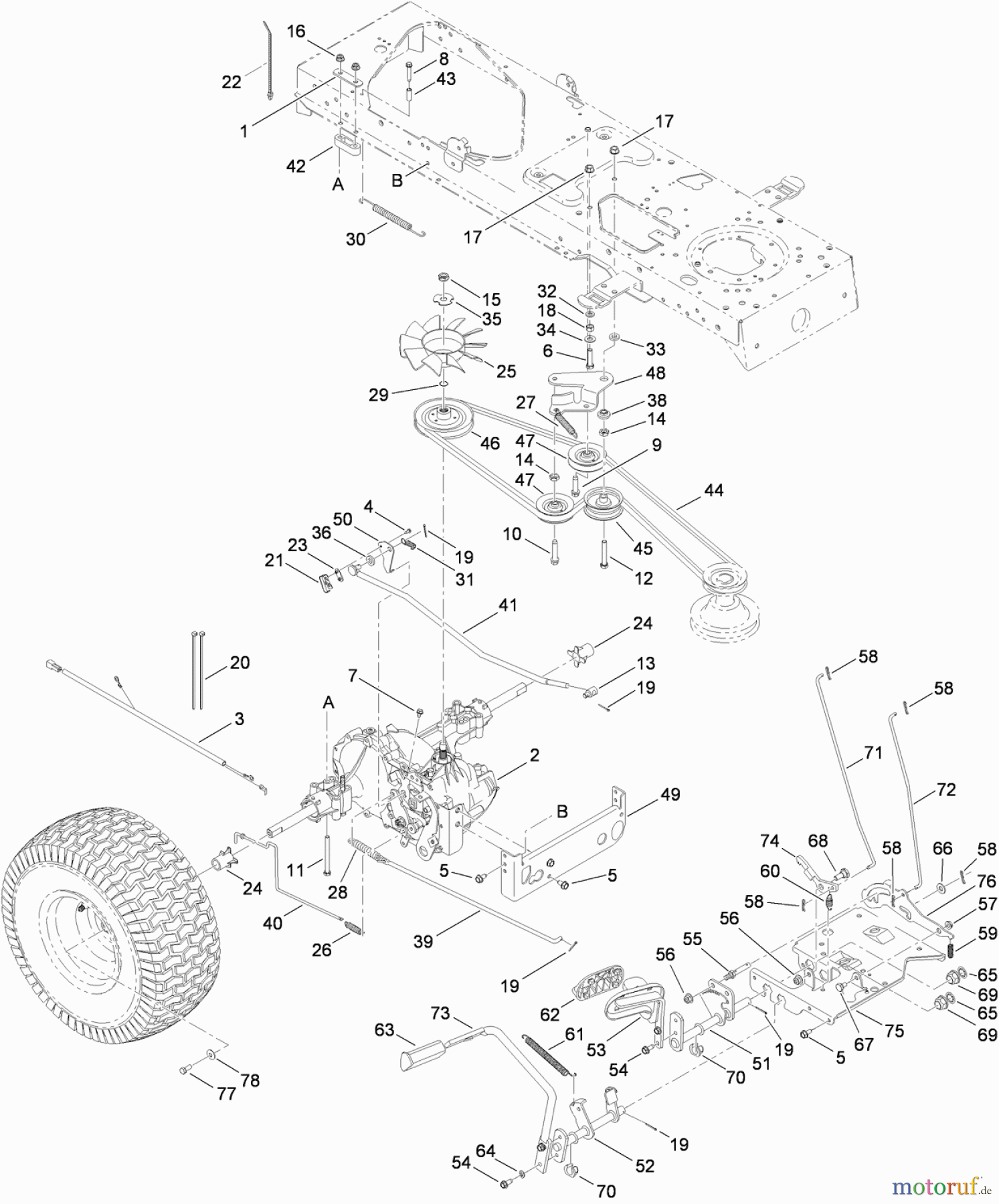 Toro Neu Mowers, Lawn & Garden Tractor Seite 1 13AX61RG848 (LX427) - Toro LX427 Lawn Tractor, After January 31 2009, 2009 (1A319H10001-1L319H19999) TRANSMISSION, BELT AND CONTROL PEDAL ASSEMBLY
