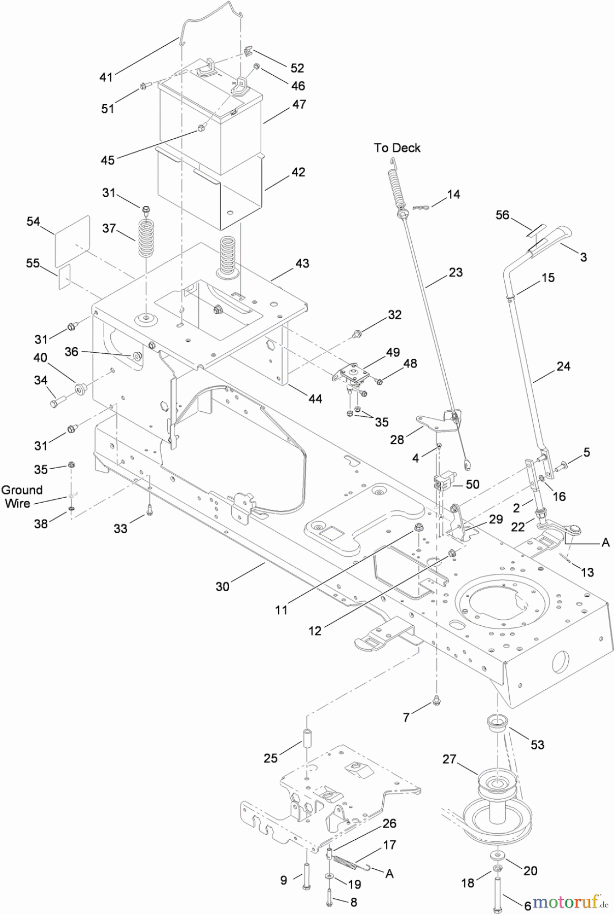  Toro Neu Mowers, Lawn & Garden Tractor Seite 1 13AX61RG848 (LX427) - Toro LX427 Lawn Tractor, Before January 31 2009, 2009 (1A019H10001-1A309H19999) FRAME, BATTERY AND MANUAL PTO ASSEMBLY