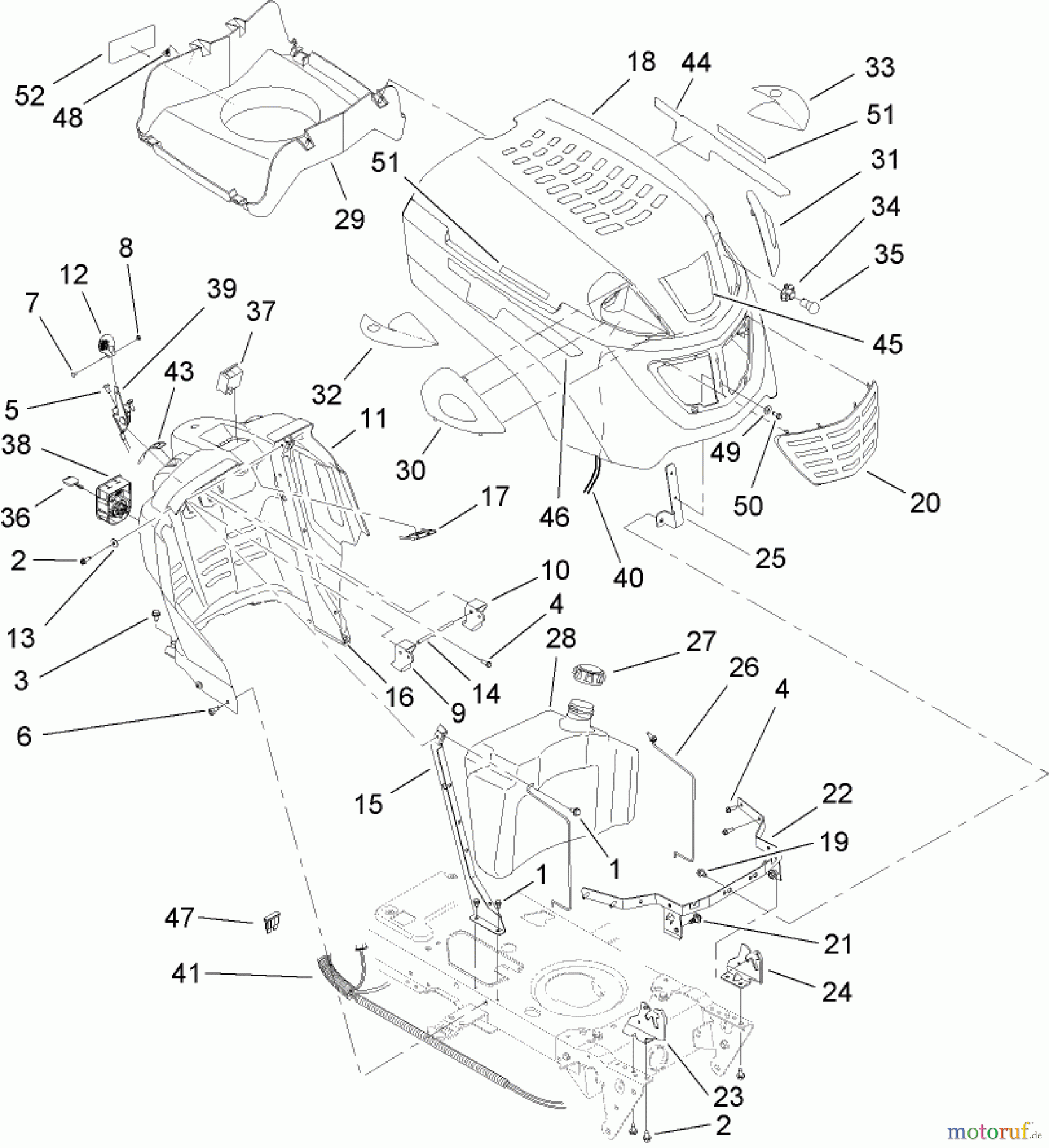 Toro Neu Mowers, Lawn & Garden Tractor Seite 1 13AX61RH744 (LX465) - Toro LX465 Lawn Tractor, 2007 (SN 1A117H10393-) FUEL TANK AND HOOD ASSEMBLY